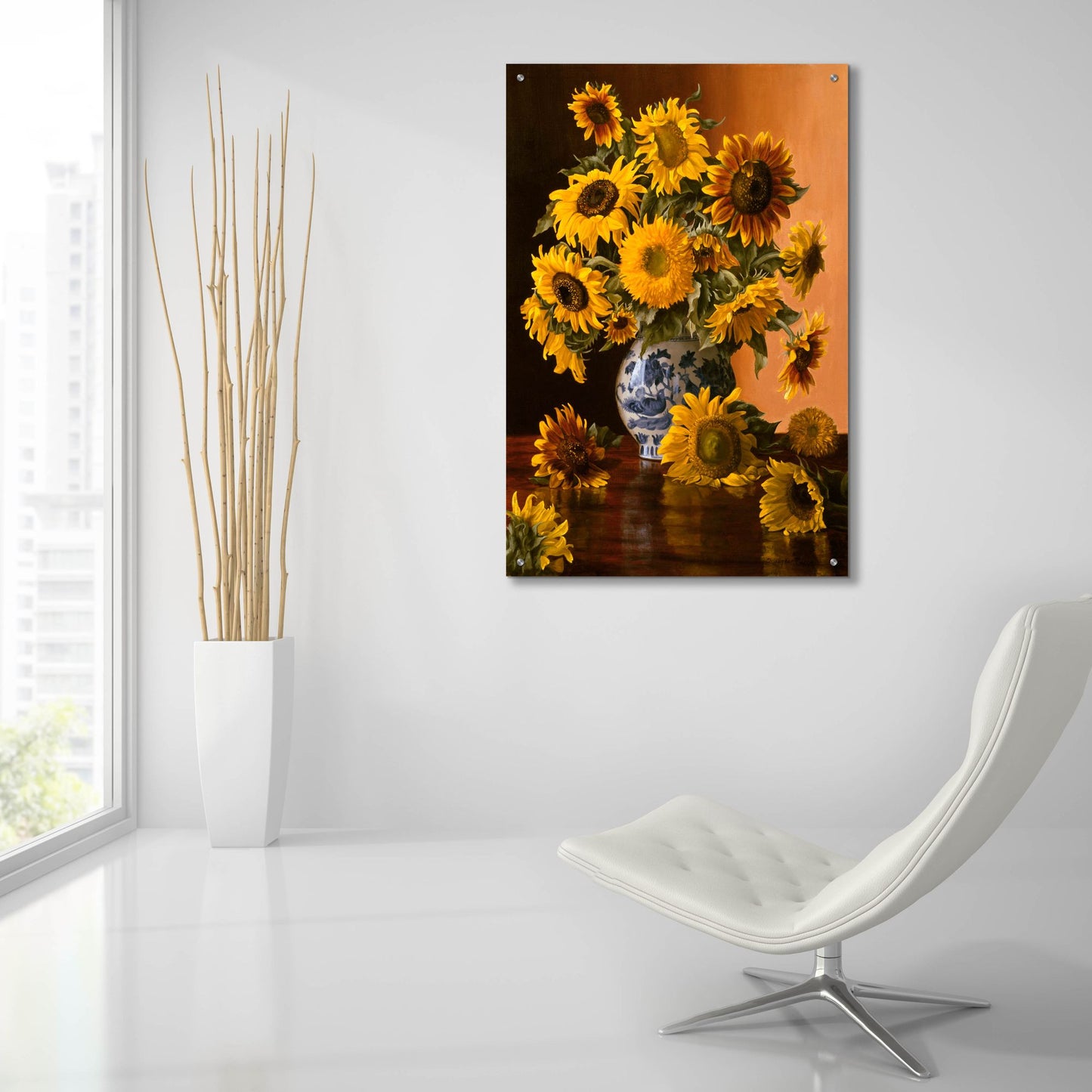 Epic Art 'Sunflowers In A Blue Willow Vase' by Christopher Pierce, Acrylic Glass Wall Art,24x36