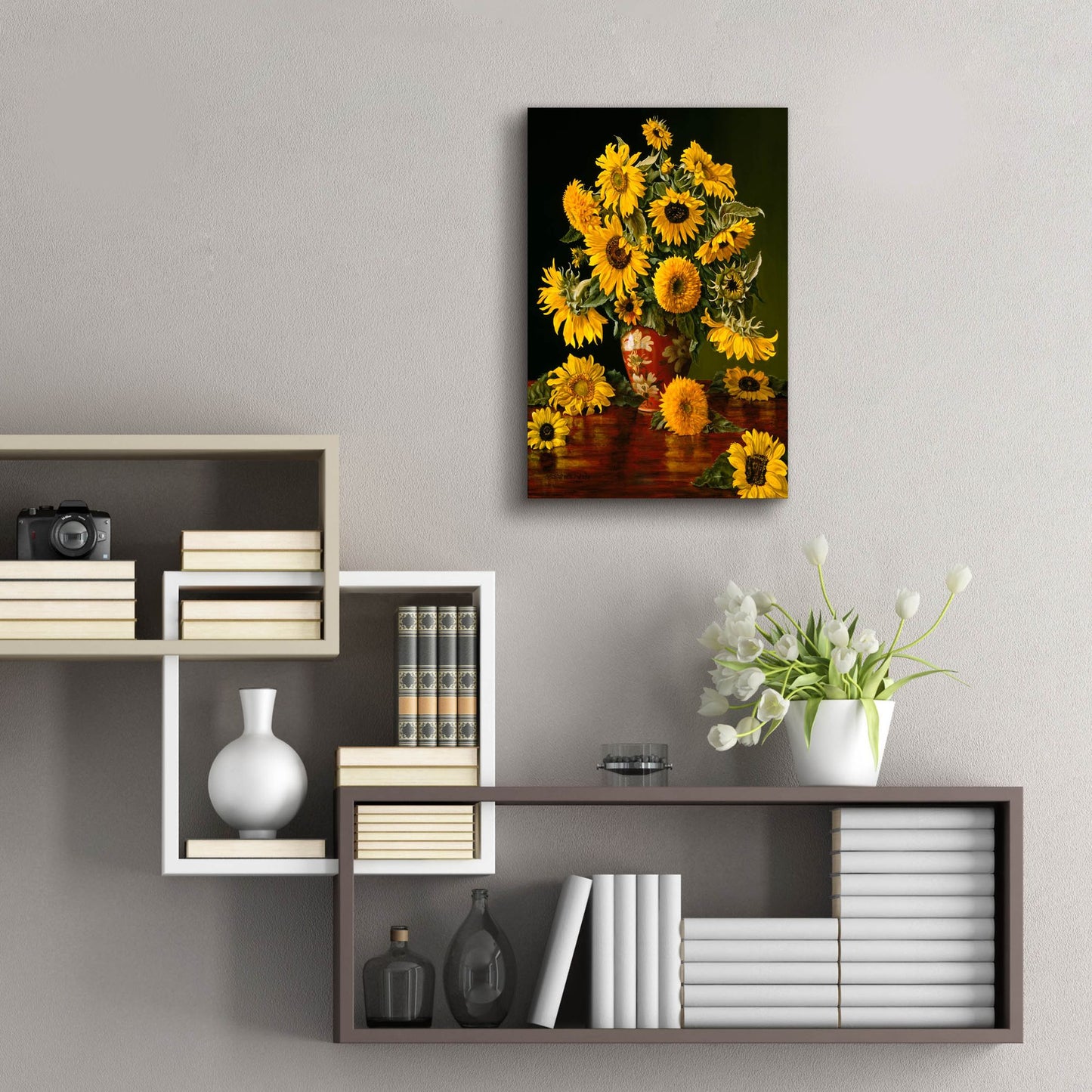 Epic Art 'Sunflowers In A Crimson Vase' by Christopher Pierce, Acrylic Glass Wall Art,16x24