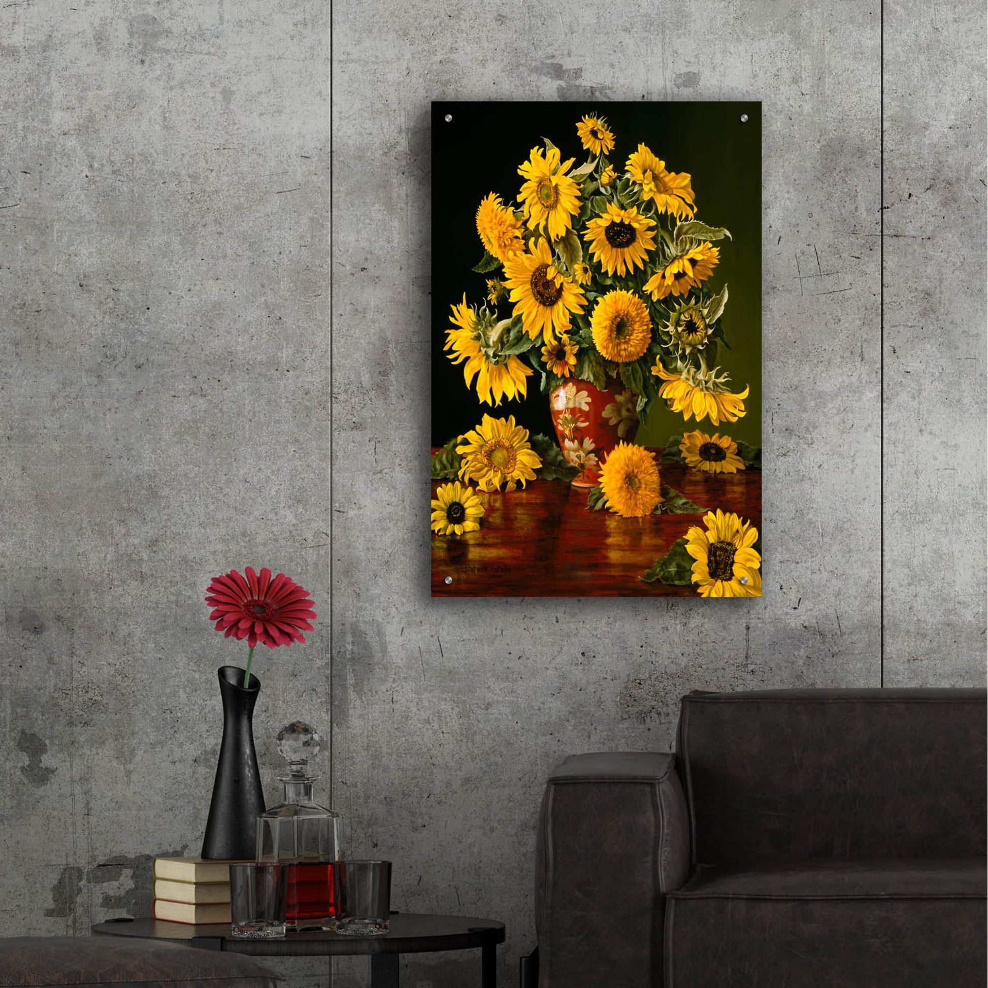 Epic Art 'Sunflowers In A Crimson Vase' by Christopher Pierce, Acrylic Glass Wall Art,24x36