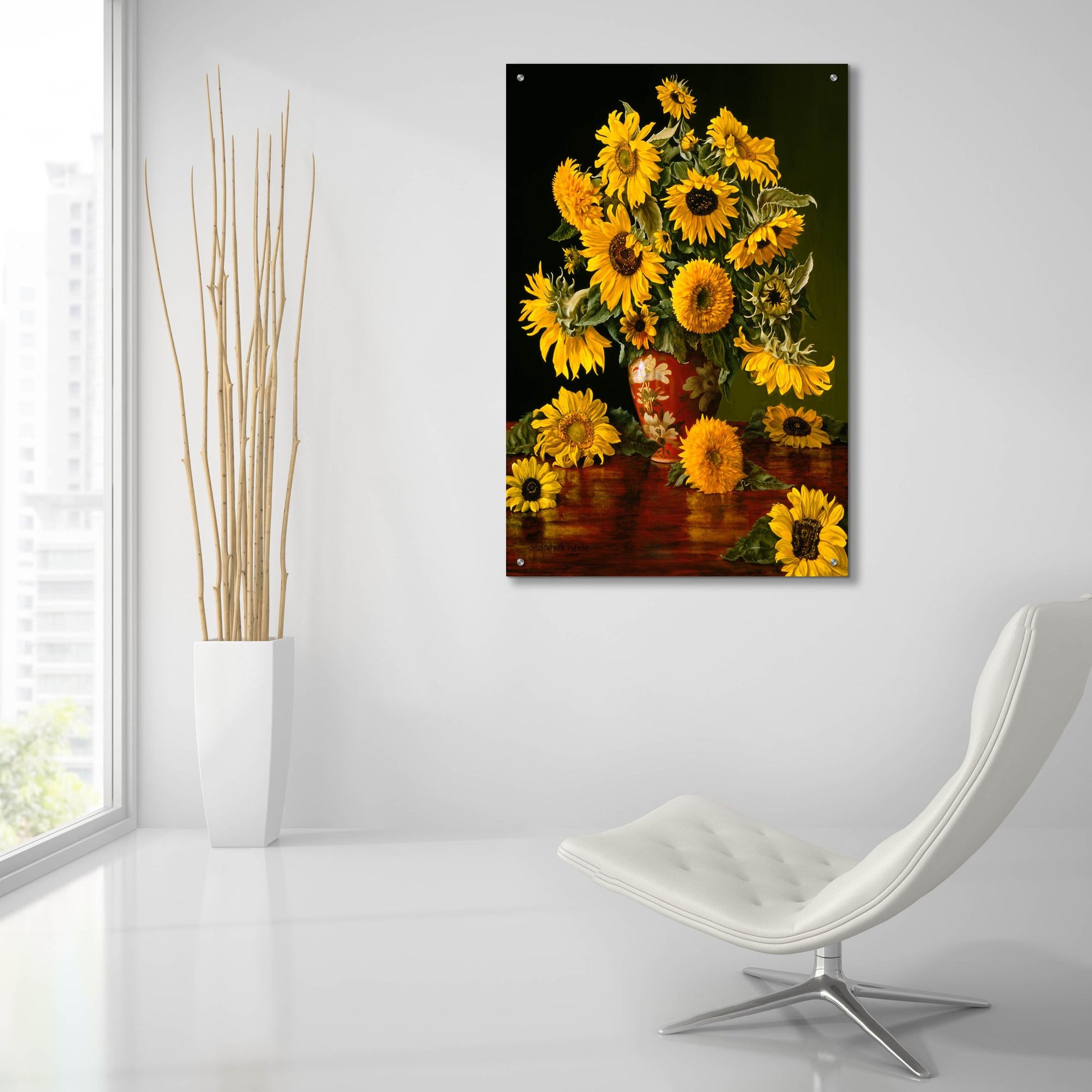 Epic Art 'Sunflowers In A Crimson Vase' by Christopher Pierce, Acrylic Glass Wall Art,24x36