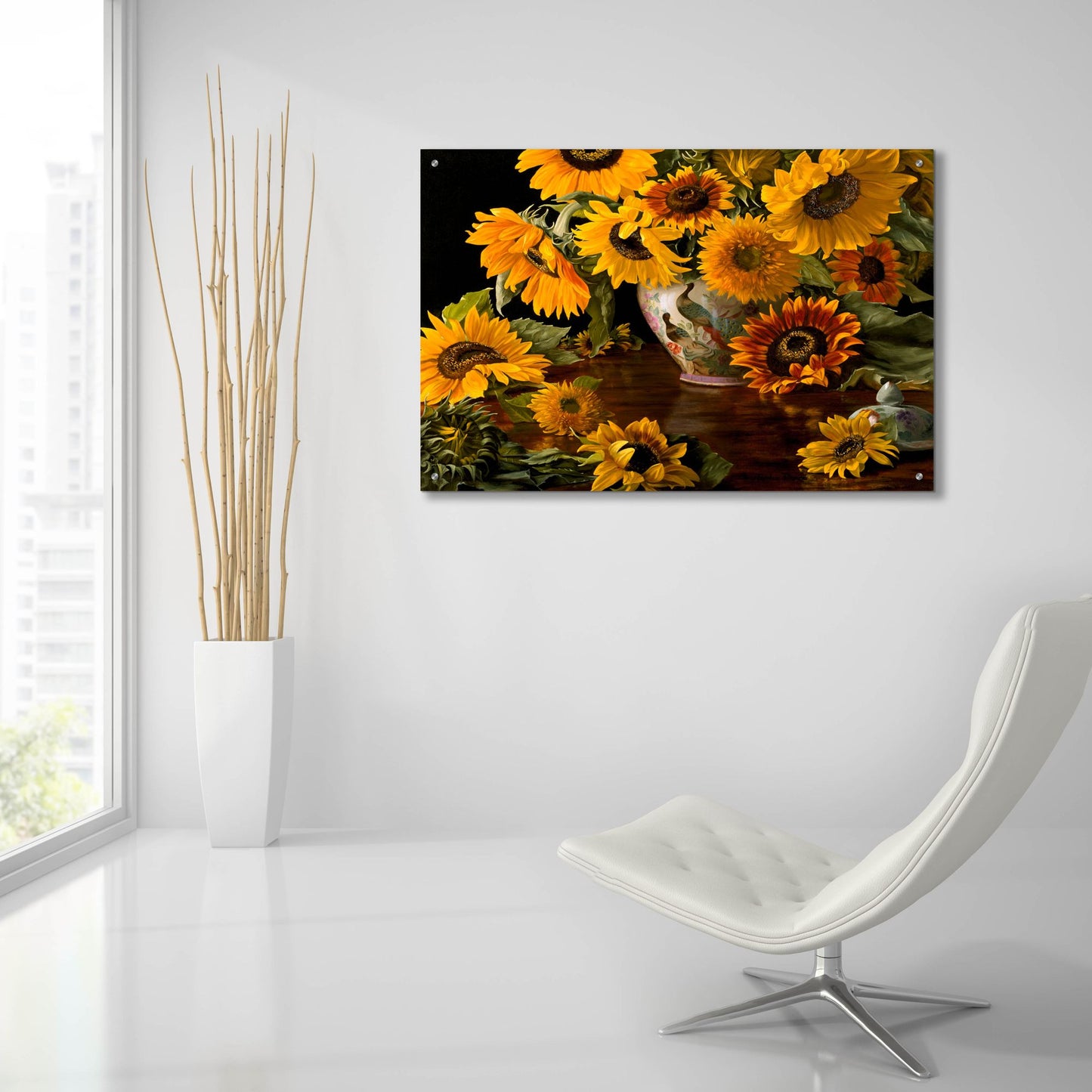 Epic Art 'Sunflowers In A White Chinese Vase' by Christopher Pierce, Acrylic Glass Wall Art,36x24