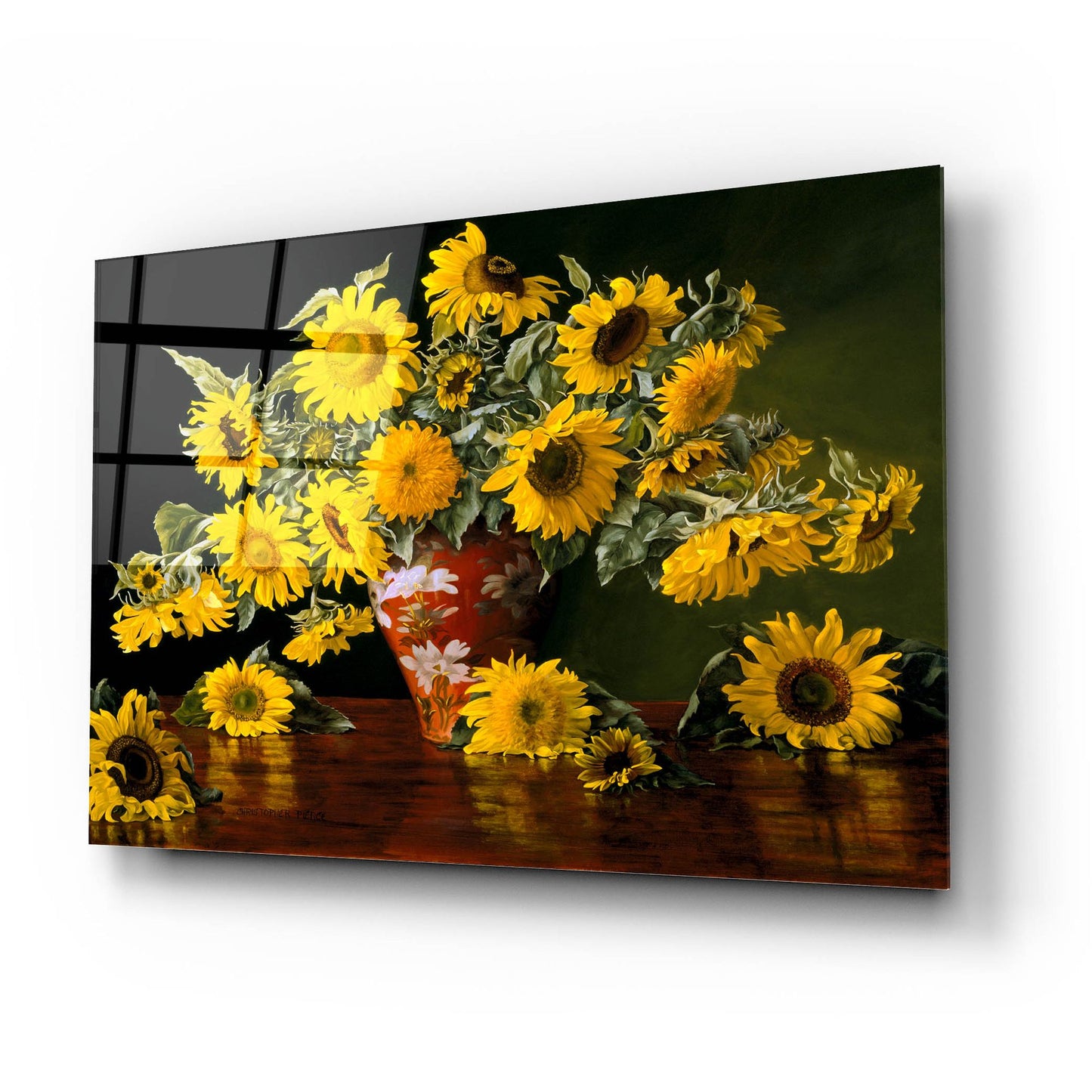 Epic Art 'Sunflower In A Red Chinese Vase' by Christopher Pierce, Acrylic Glass Wall Art,24x16