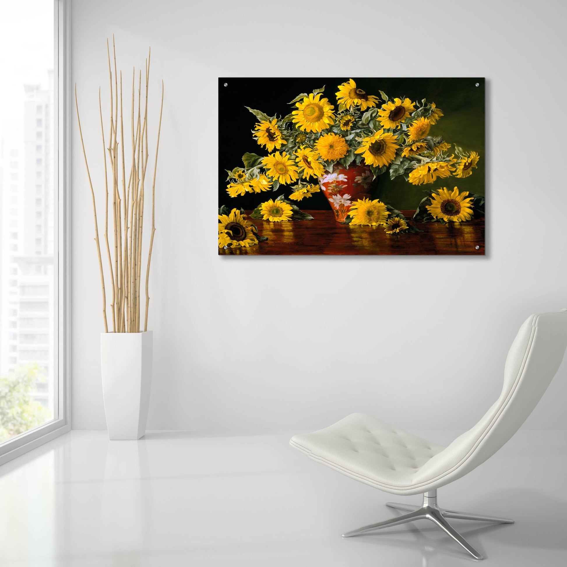 Epic Art 'Sunflower In A Red Chinese Vase' by Christopher Pierce, Acrylic Glass Wall Art,36x24