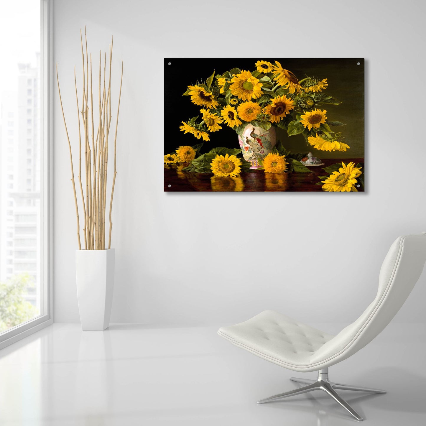 Epic Art 'Sunflowers In A Chinese Peacock Vase' by Christopher Pierce, Acrylic Glass Wall Art,36x24