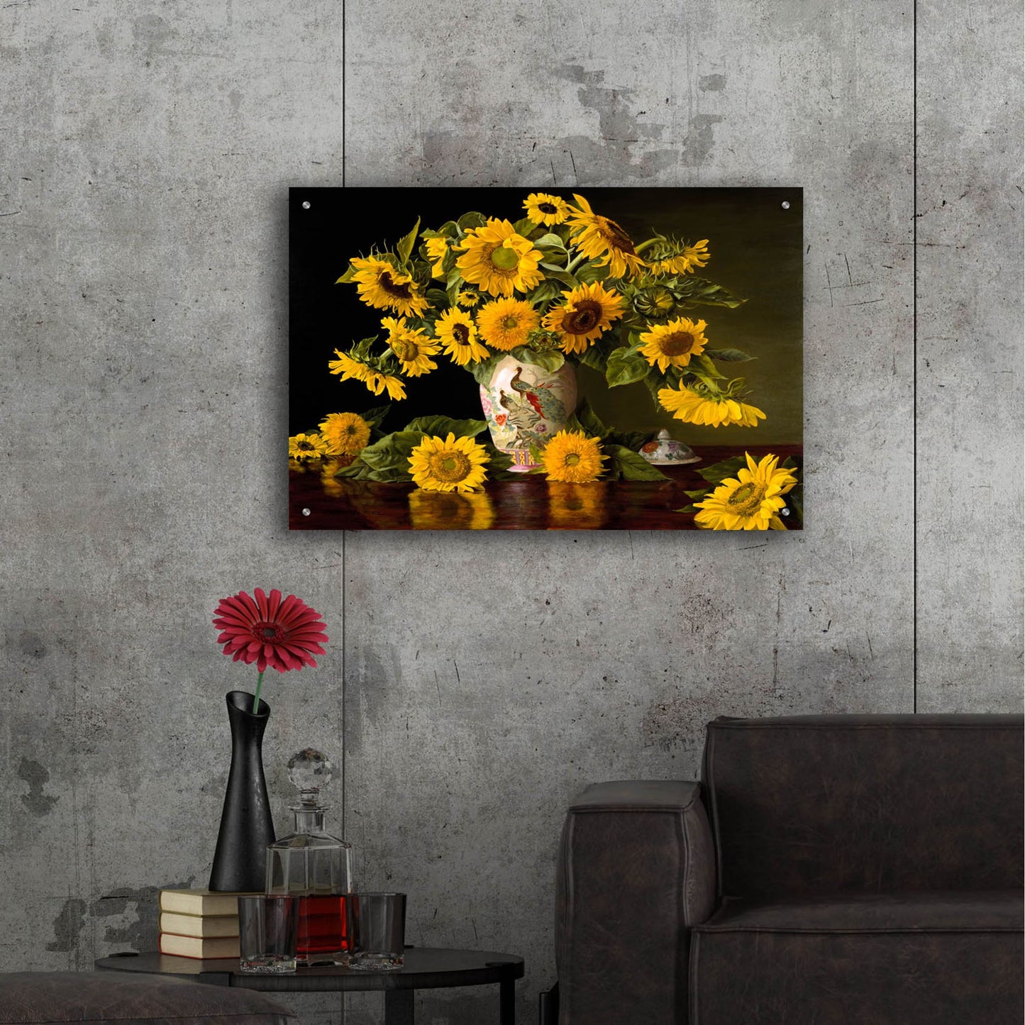 Epic Art 'Sunflowers In A Chinese Peacock Vase' by Christopher Pierce, Acrylic Glass Wall Art,36x24