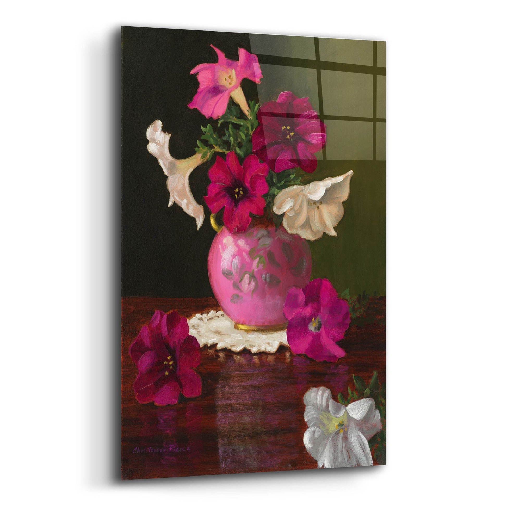 Epic Art 'Petunias In Pink Vase' by Christopher Pierce, Acrylic Glass Wall Art,12x16