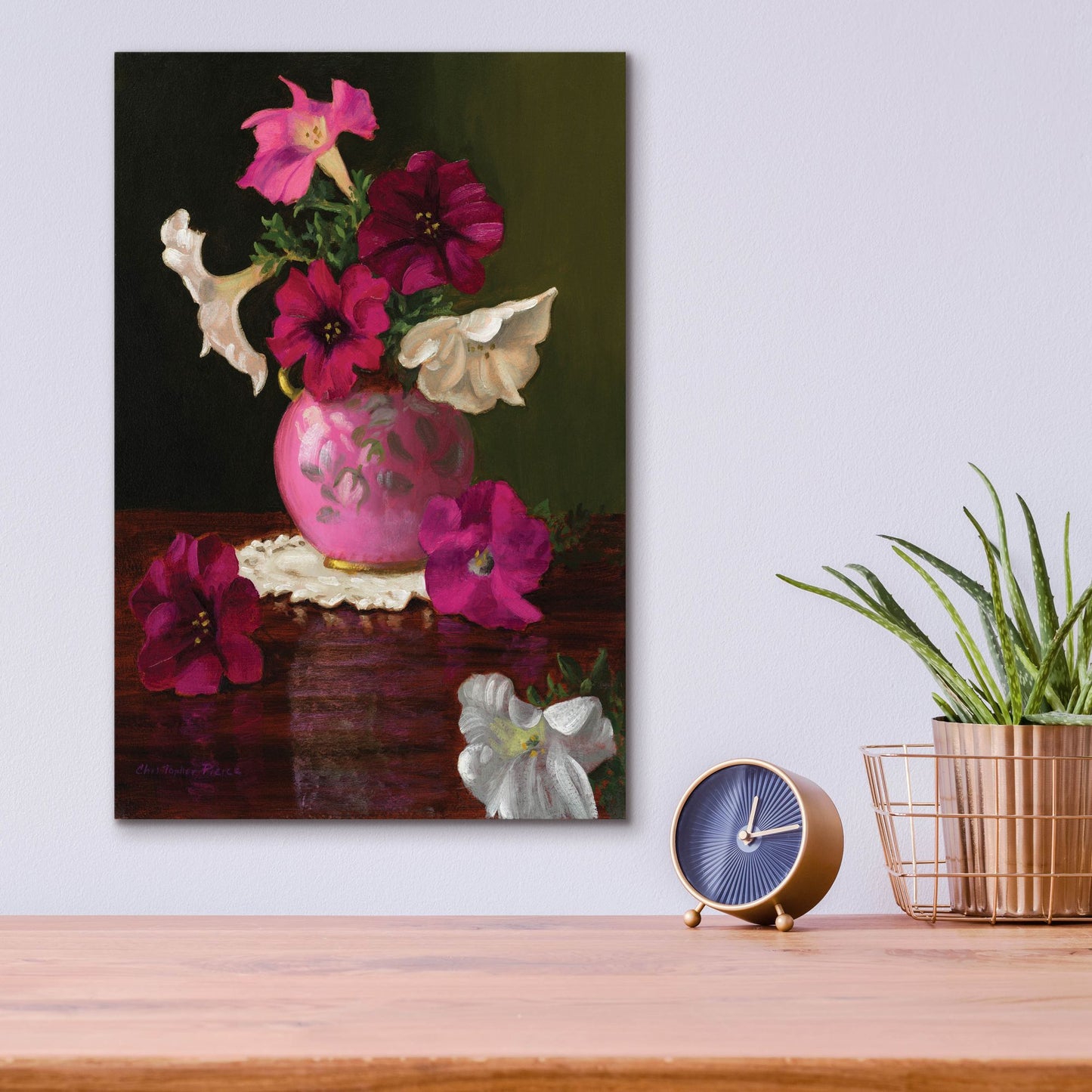 Epic Art 'Petunias In Pink Vase' by Christopher Pierce, Acrylic Glass Wall Art,12x16