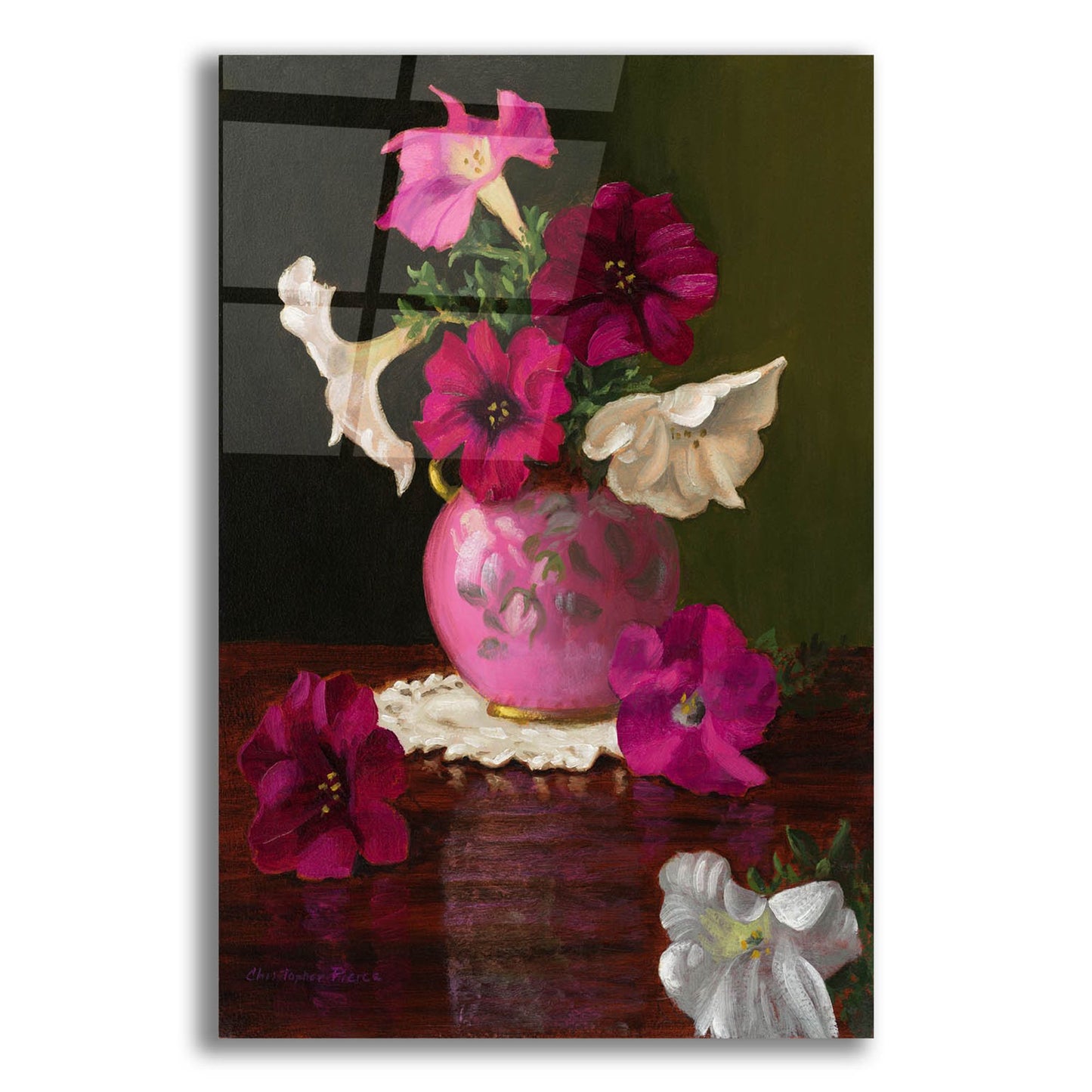 Epic Art 'Petunias In Pink Vase' by Christopher Pierce, Acrylic Glass Wall Art,12x16