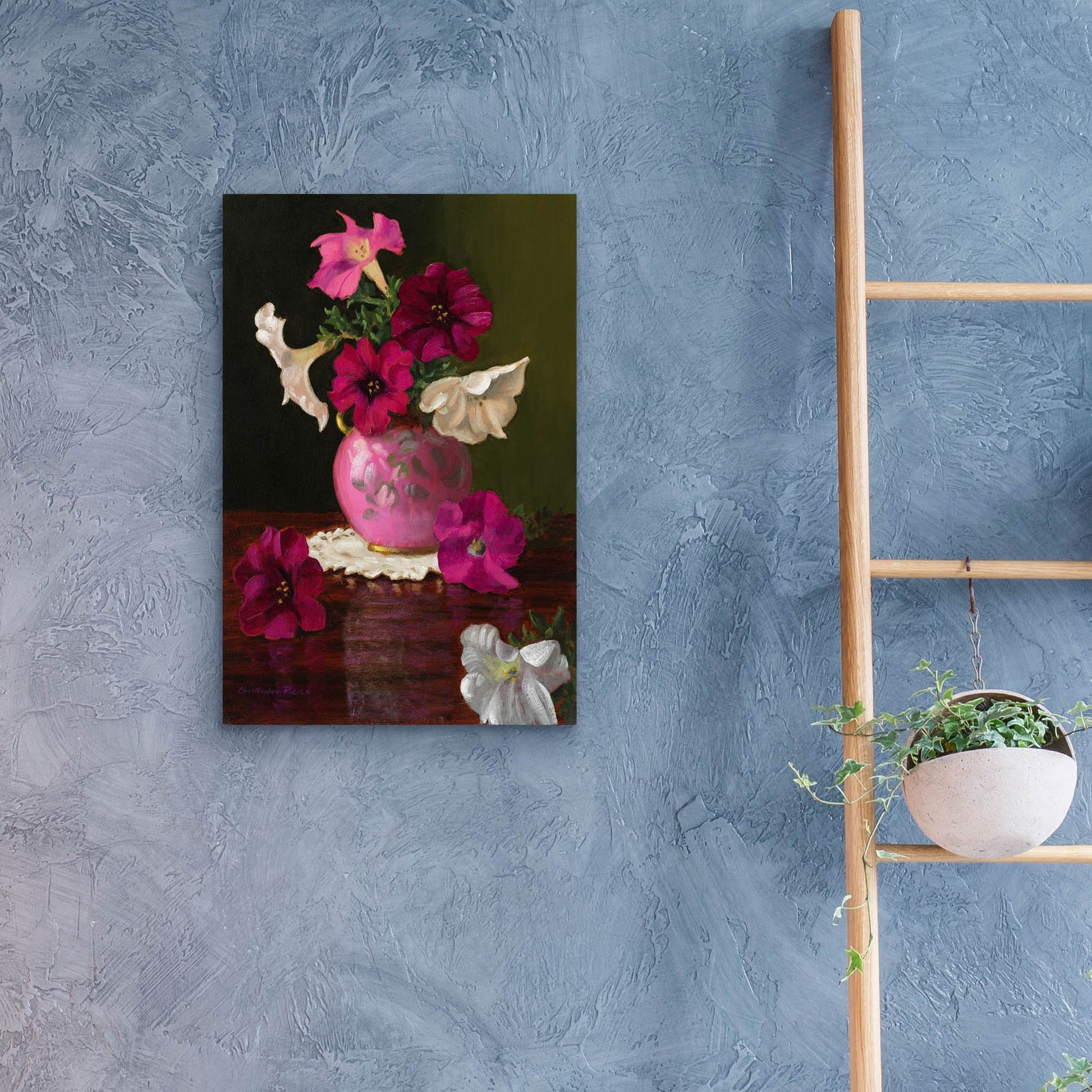 Epic Art 'Petunias In Pink Vase' by Christopher Pierce, Acrylic Glass Wall Art,16x24