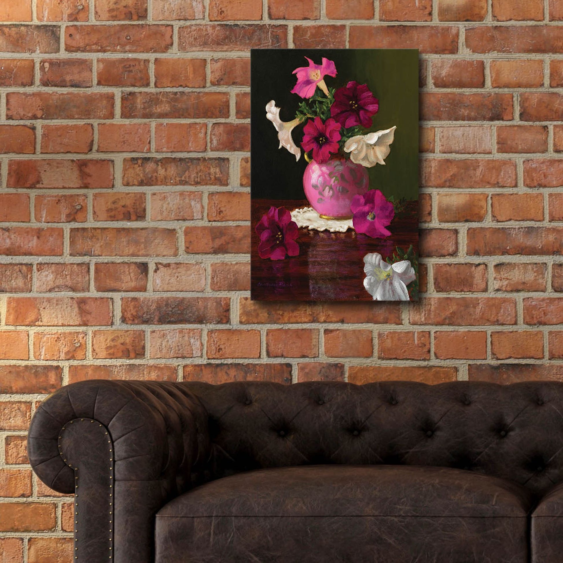 Epic Art 'Petunias In Pink Vase' by Christopher Pierce, Acrylic Glass Wall Art,16x24