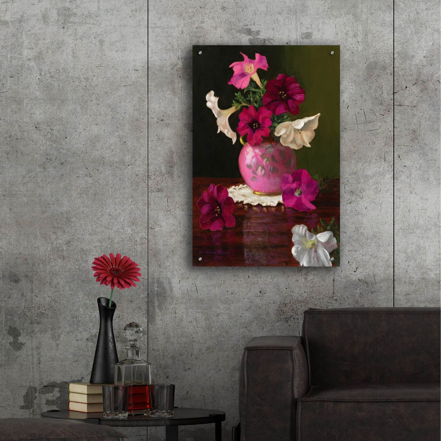 Epic Art 'Petunias In Pink Vase' by Christopher Pierce, Acrylic Glass Wall Art,24x36