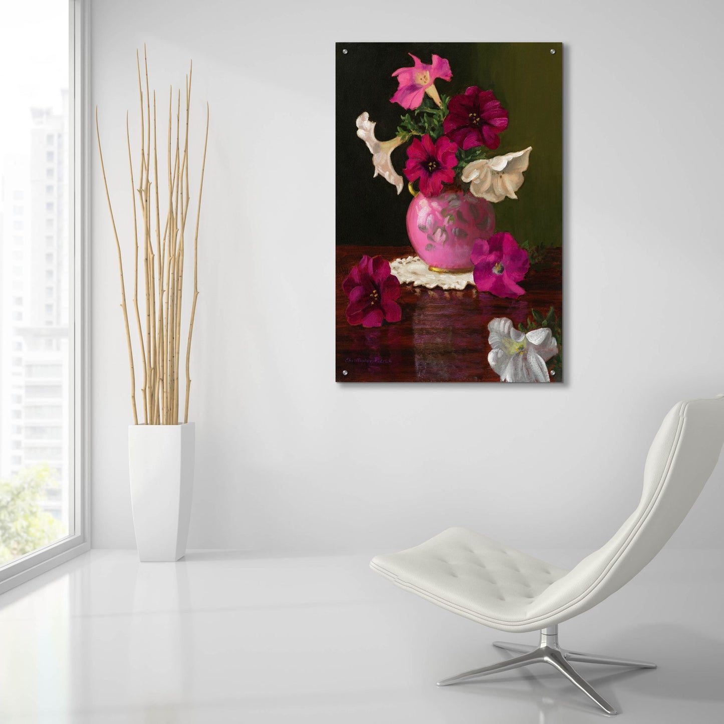 Epic Art 'Petunias In Pink Vase' by Christopher Pierce, Acrylic Glass Wall Art,24x36