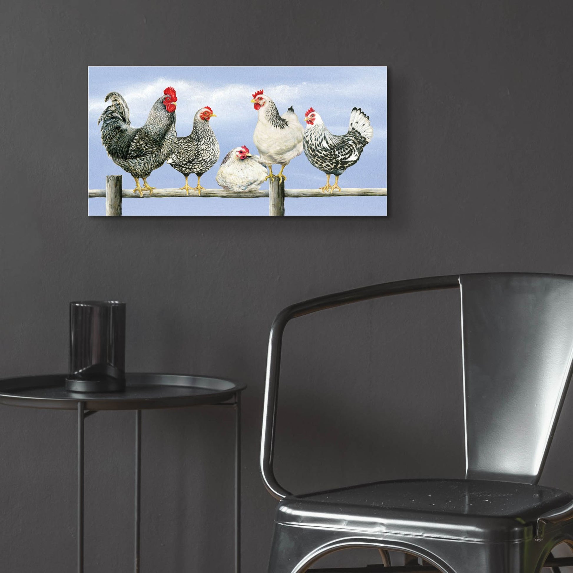 Epic Art 'Black & White Hens 1' by Janet Pidoux, Acrylic Glass Wall Art,24x12