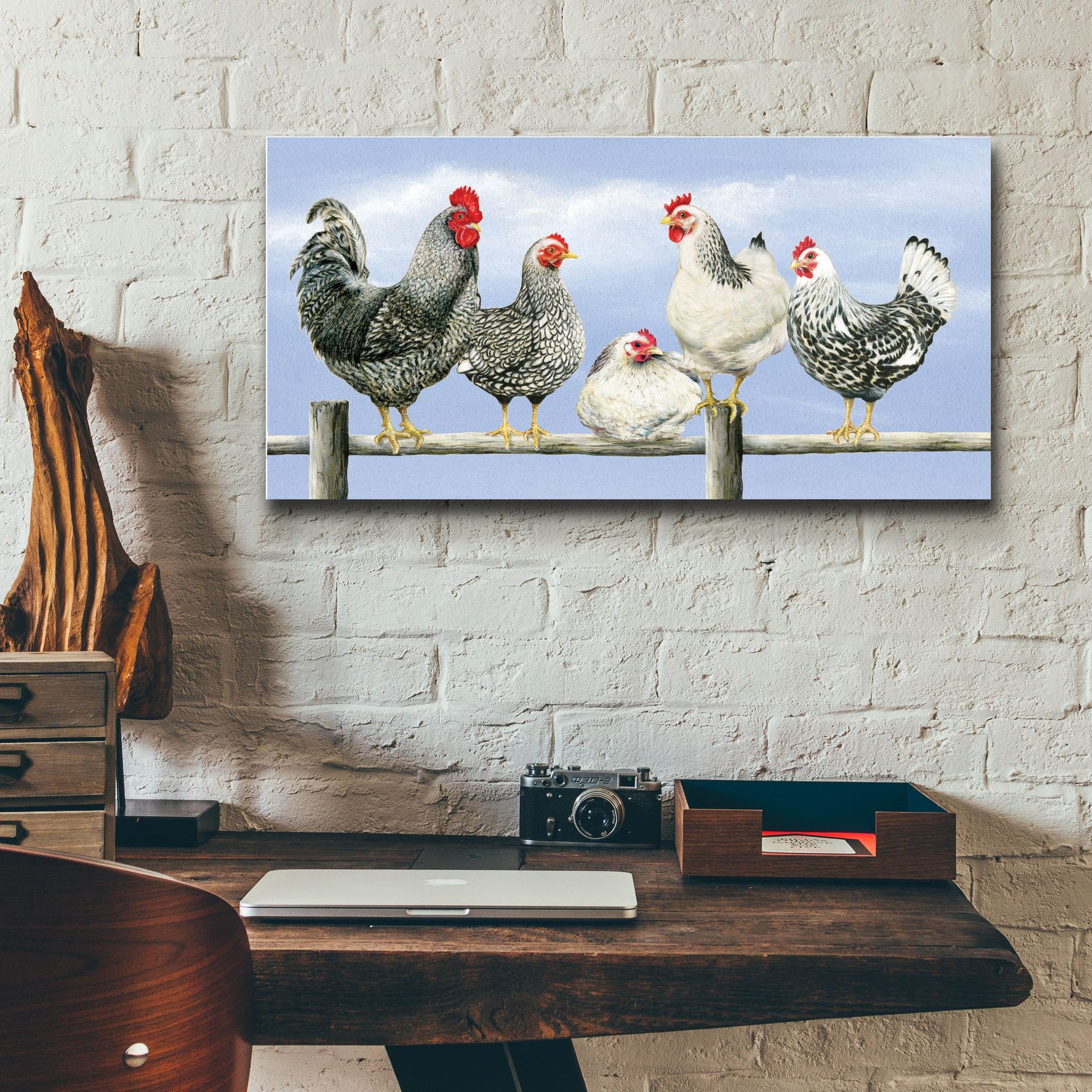 Epic Art 'Black & White Hens 1' by Janet Pidoux, Acrylic Glass Wall Art,24x12