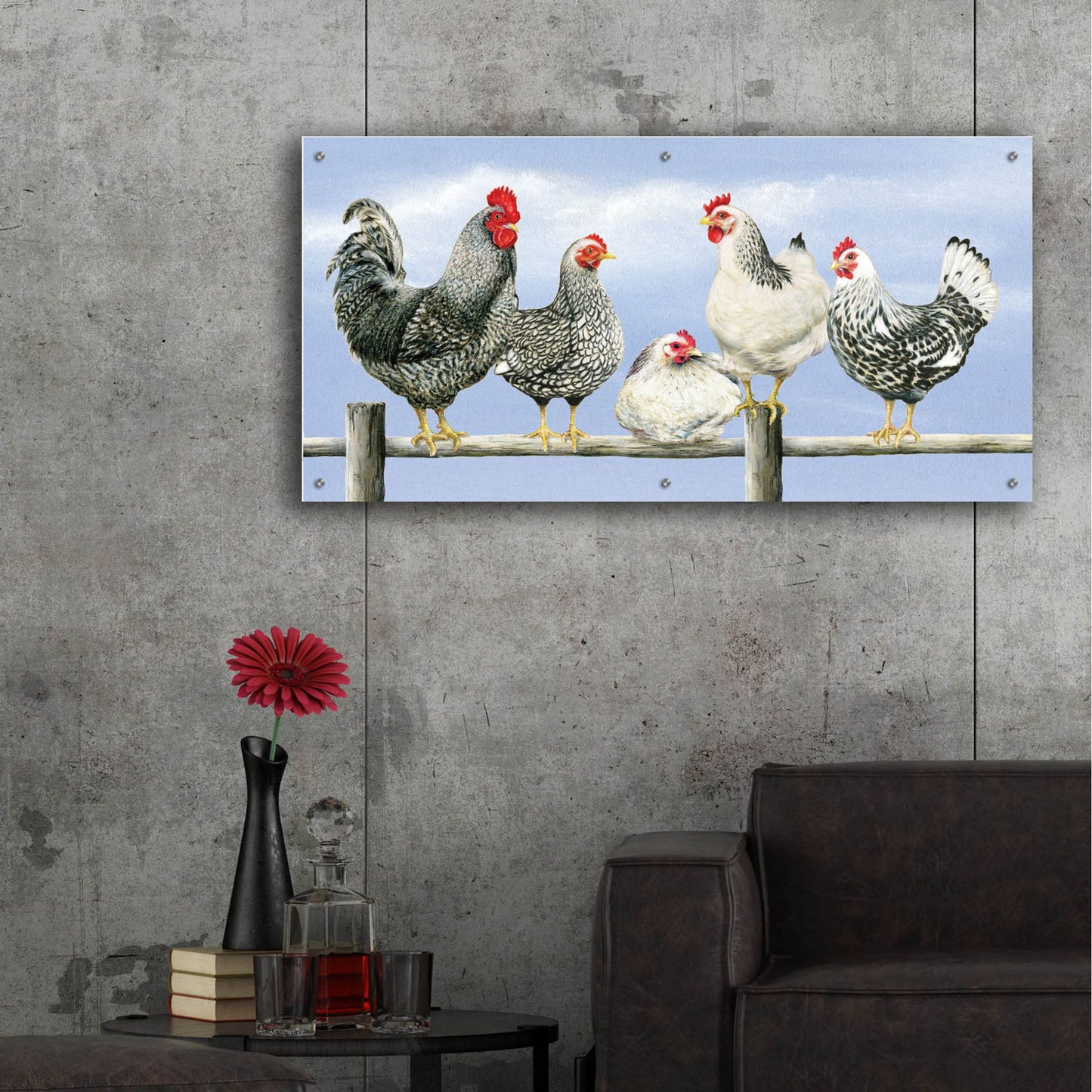 Epic Art 'Black & White Hens 1' by Janet Pidoux, Acrylic Glass Wall Art,48x24