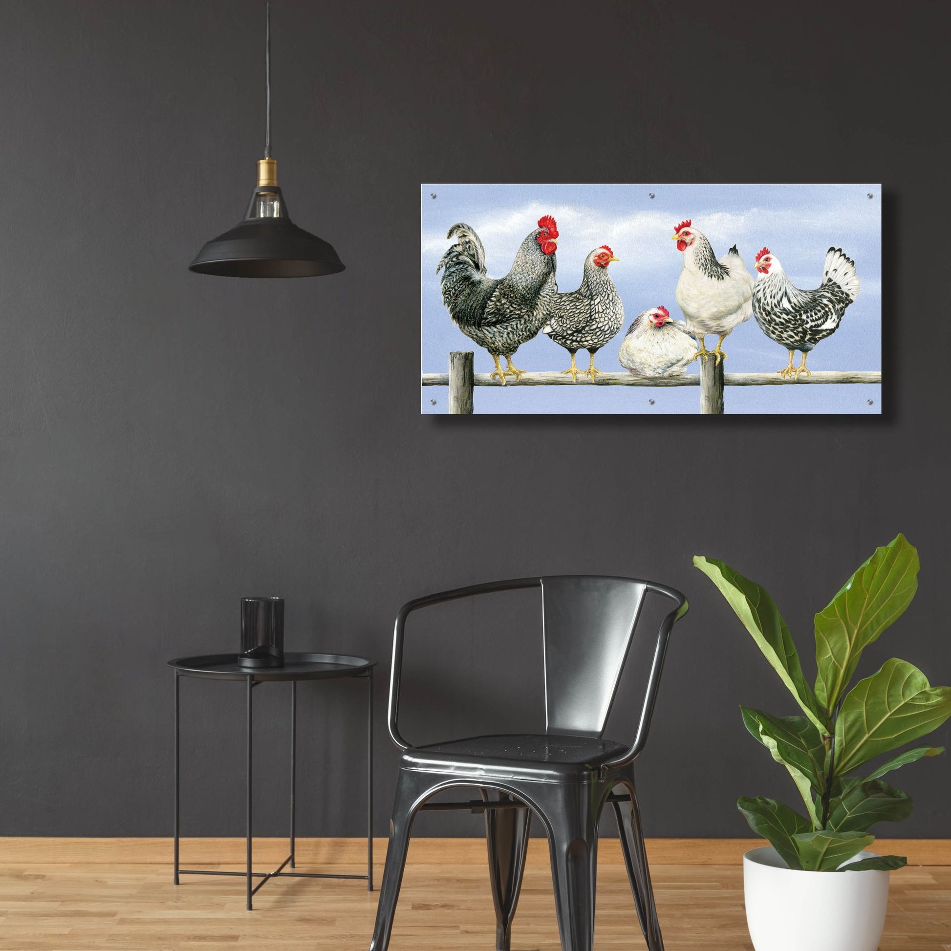 Epic Art 'Black & White Hens 1' by Janet Pidoux, Acrylic Glass Wall Art,48x24