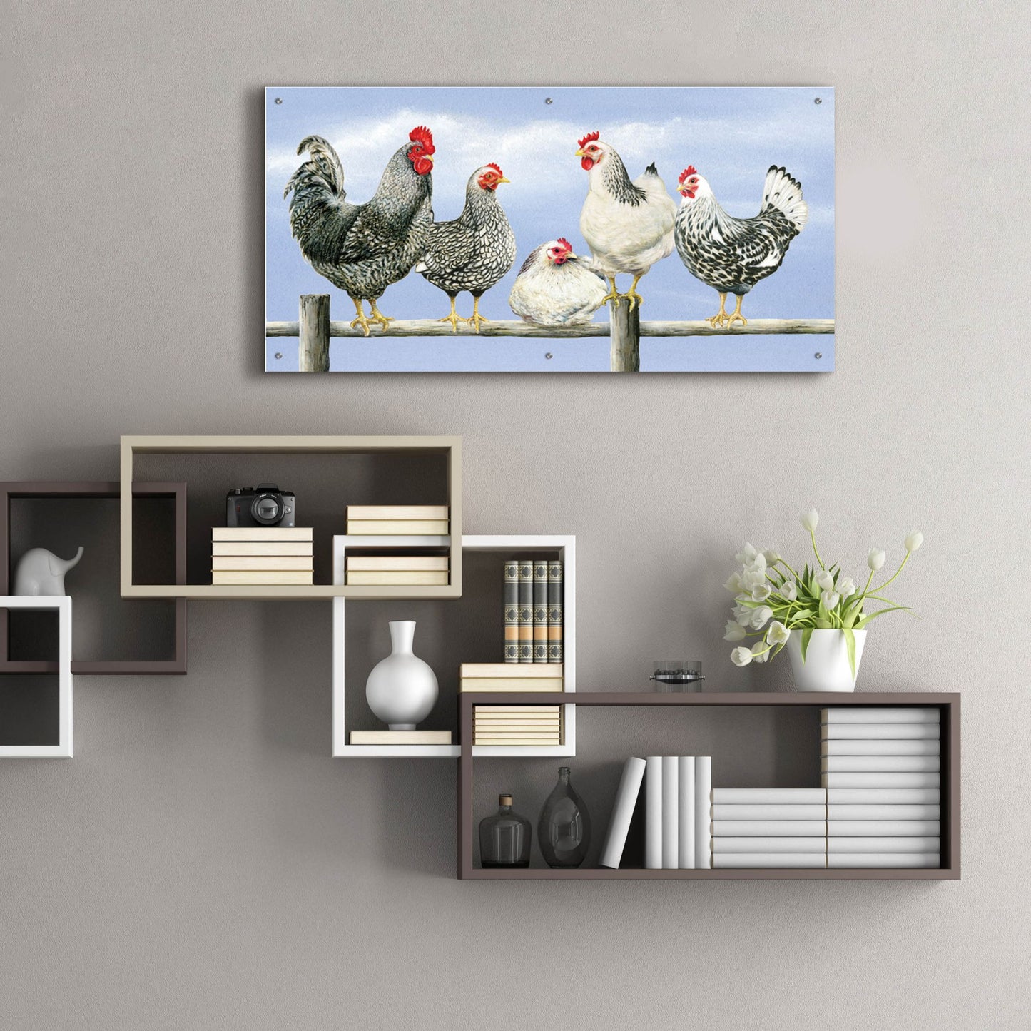 Epic Art 'Black & White Hens 1' by Janet Pidoux, Acrylic Glass Wall Art,48x24