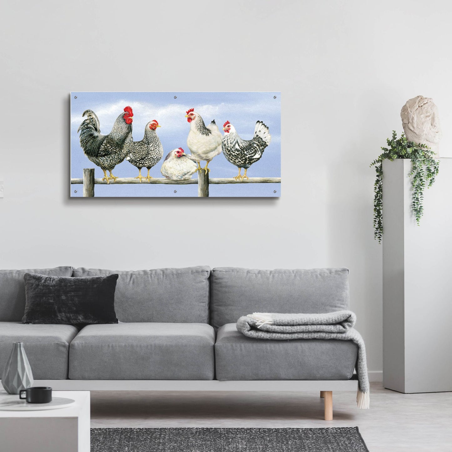 Epic Art 'Black & White Hens 1' by Janet Pidoux, Acrylic Glass Wall Art,48x24