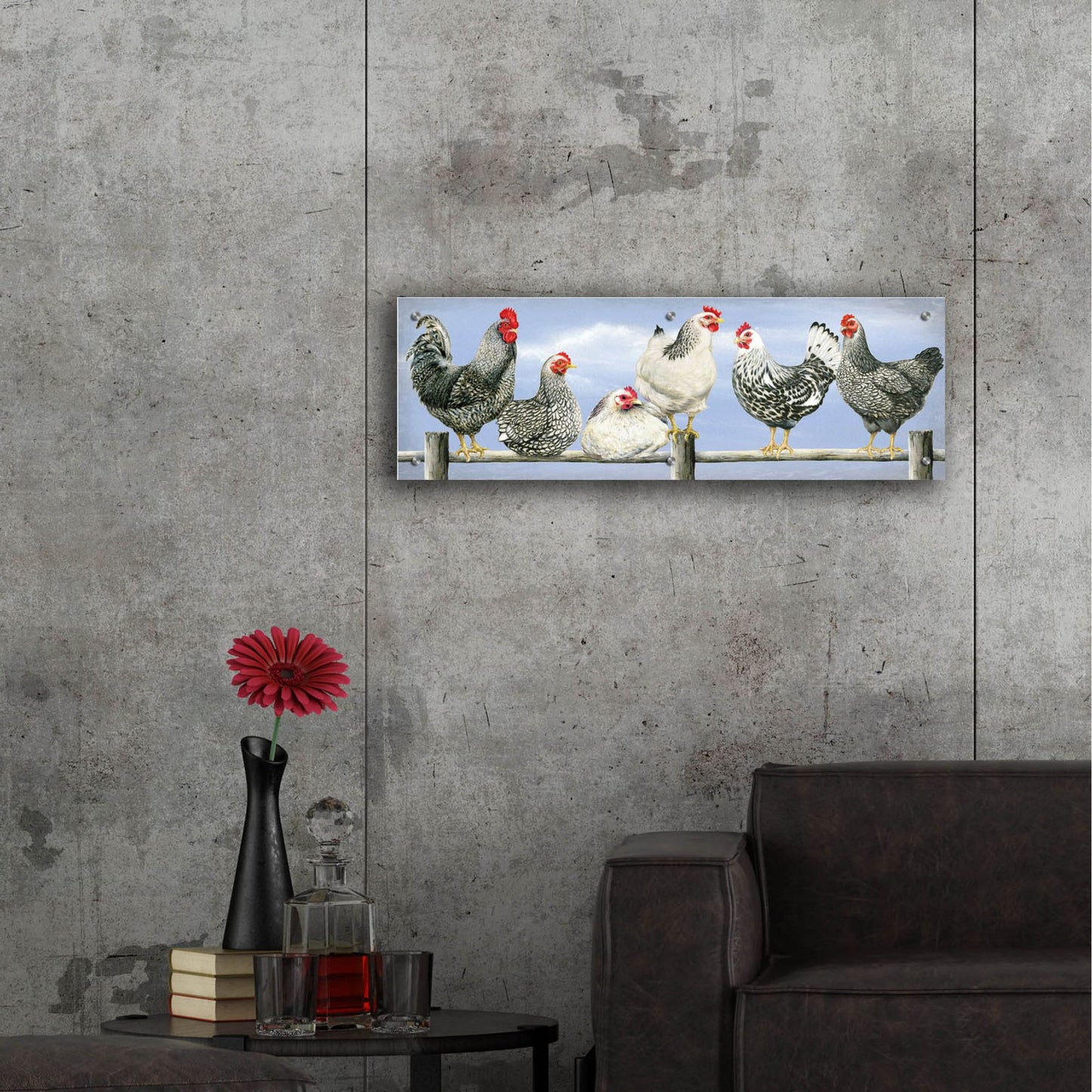 Epic Art 'Black & White Hens 2' by Janet Pidoux, Acrylic Glass Wall Art,36x12