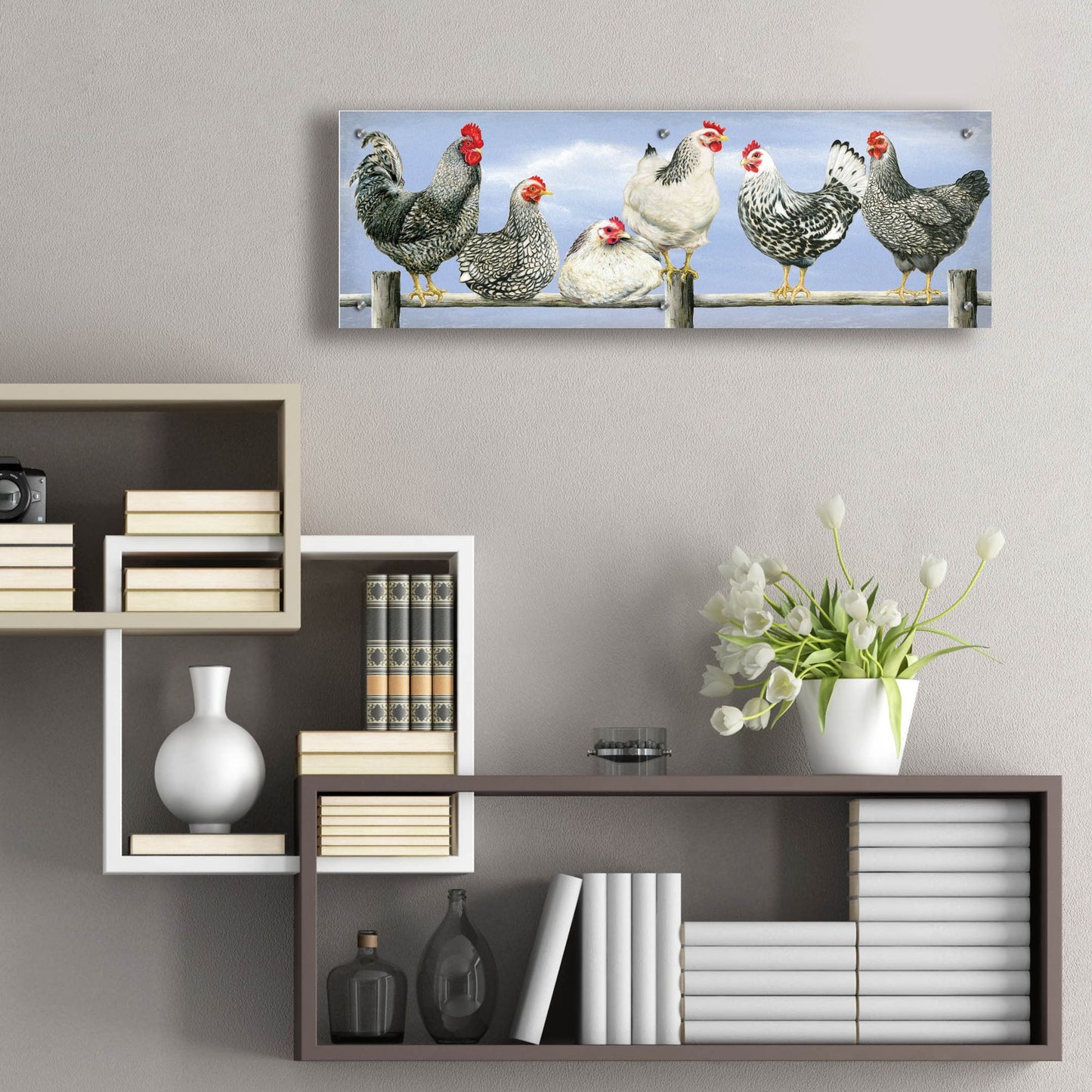 Epic Art 'Black & White Hens 2' by Janet Pidoux, Acrylic Glass Wall Art,36x12