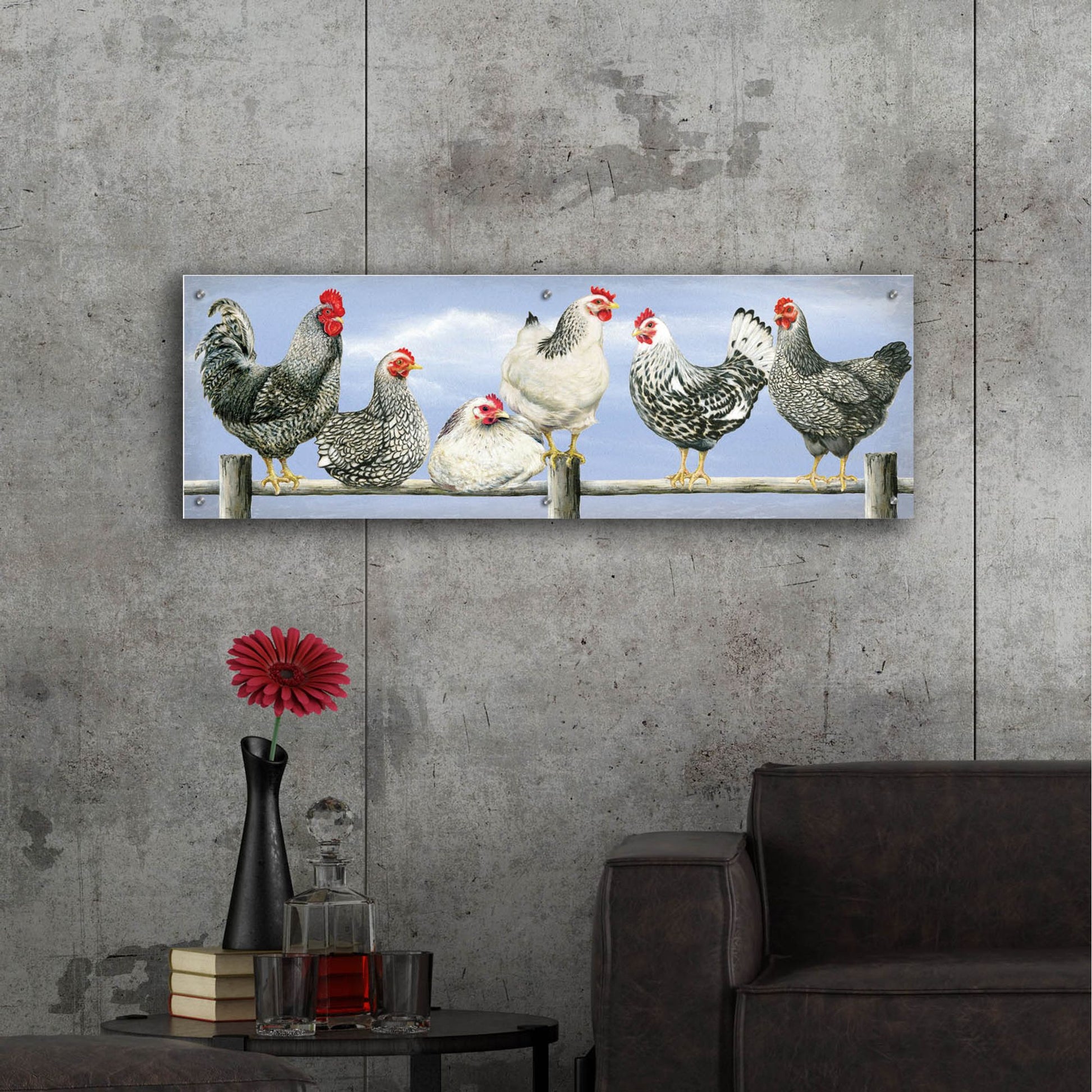 Epic Art 'Black & White Hens 2' by Janet Pidoux, Acrylic Glass Wall Art,48x16