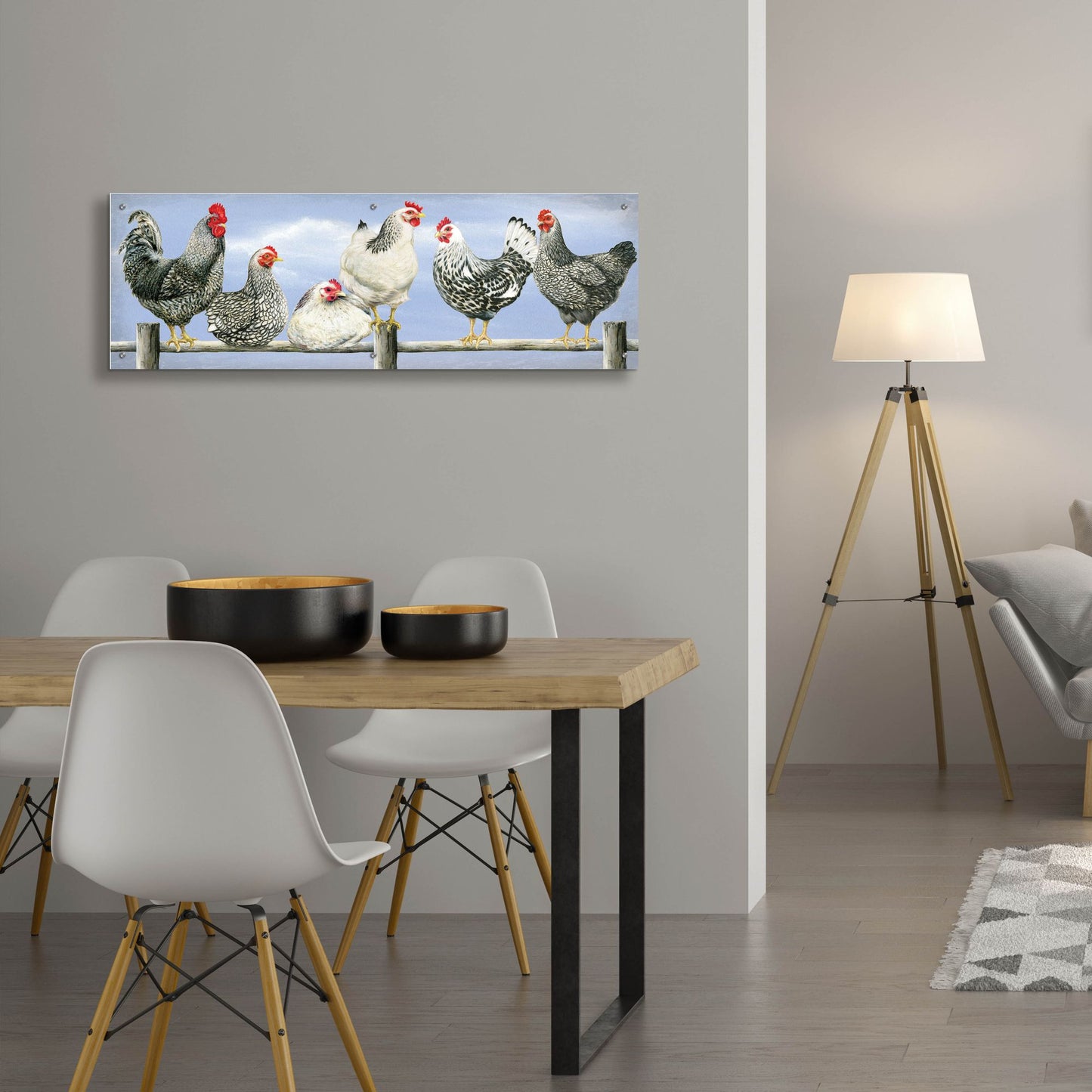 Epic Art 'Black & White Hens 2' by Janet Pidoux, Acrylic Glass Wall Art,48x16