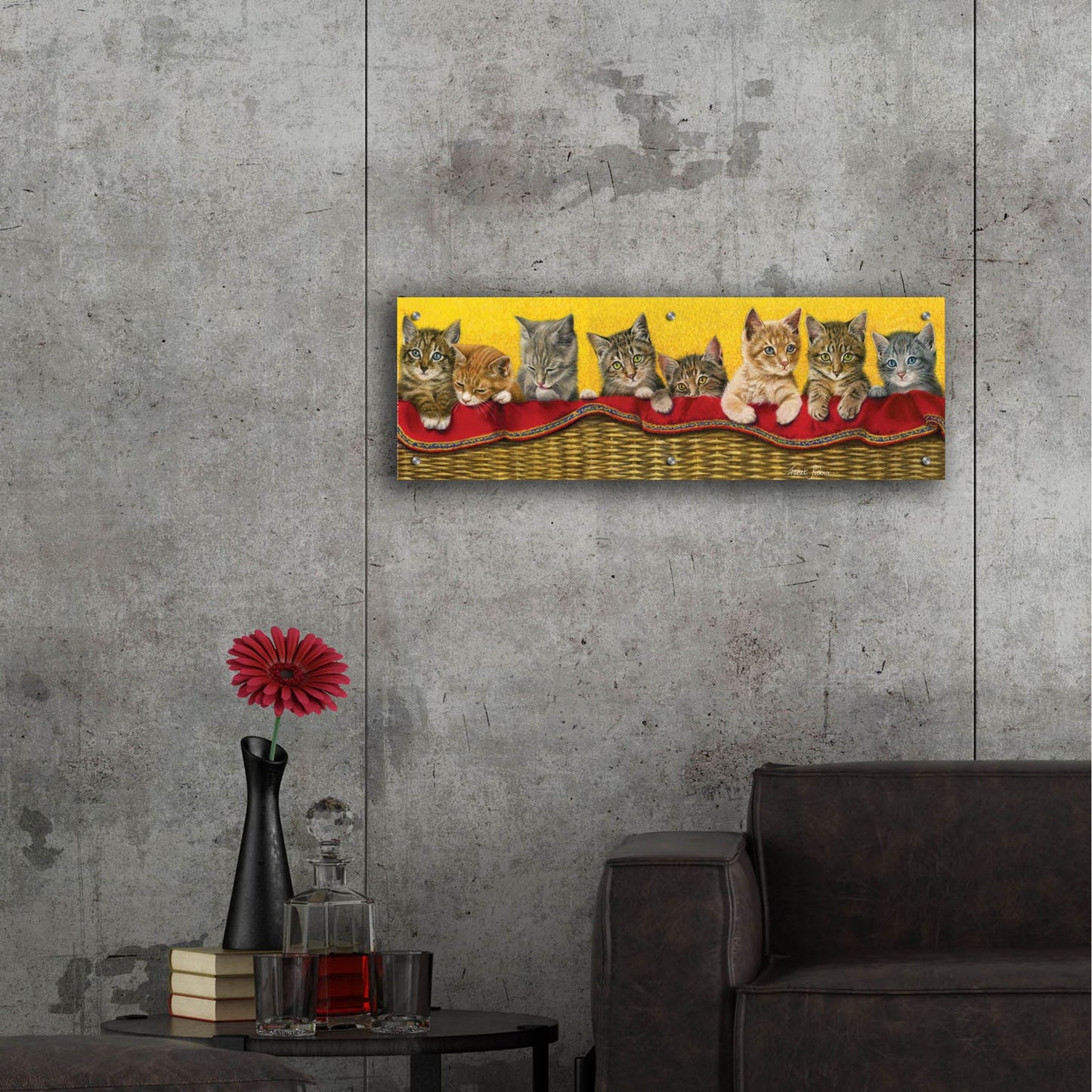 Epic Art 'Eight Kittens In Basket' by Janet Pidoux, Acrylic Glass Wall Art,36x12