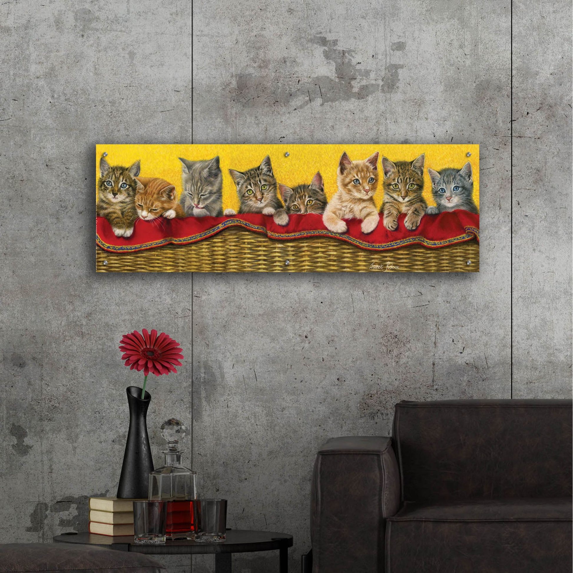 Epic Art 'Eight Kittens In Basket' by Janet Pidoux, Acrylic Glass Wall Art,48x16