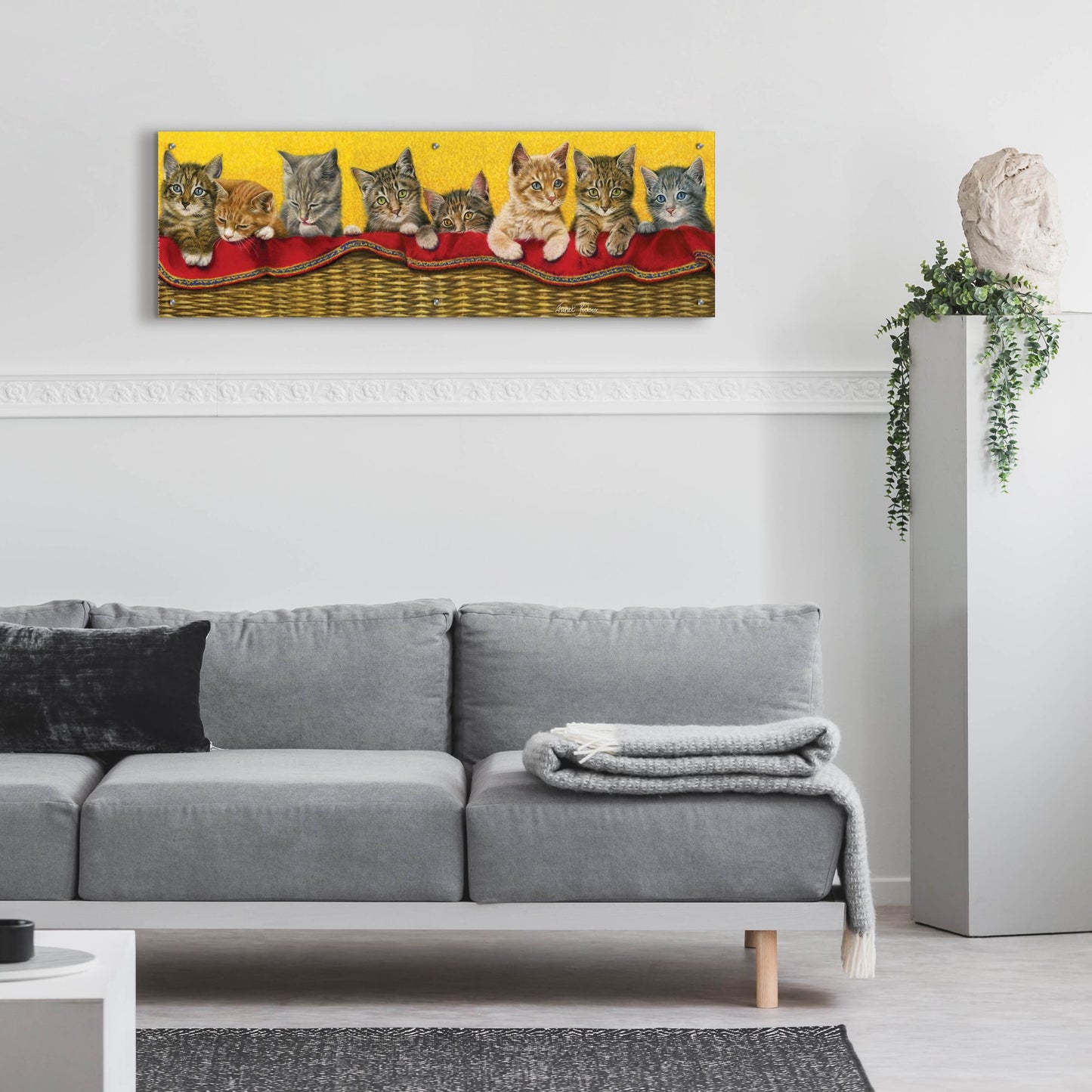 Epic Art 'Eight Kittens In Basket' by Janet Pidoux, Acrylic Glass Wall Art,48x16