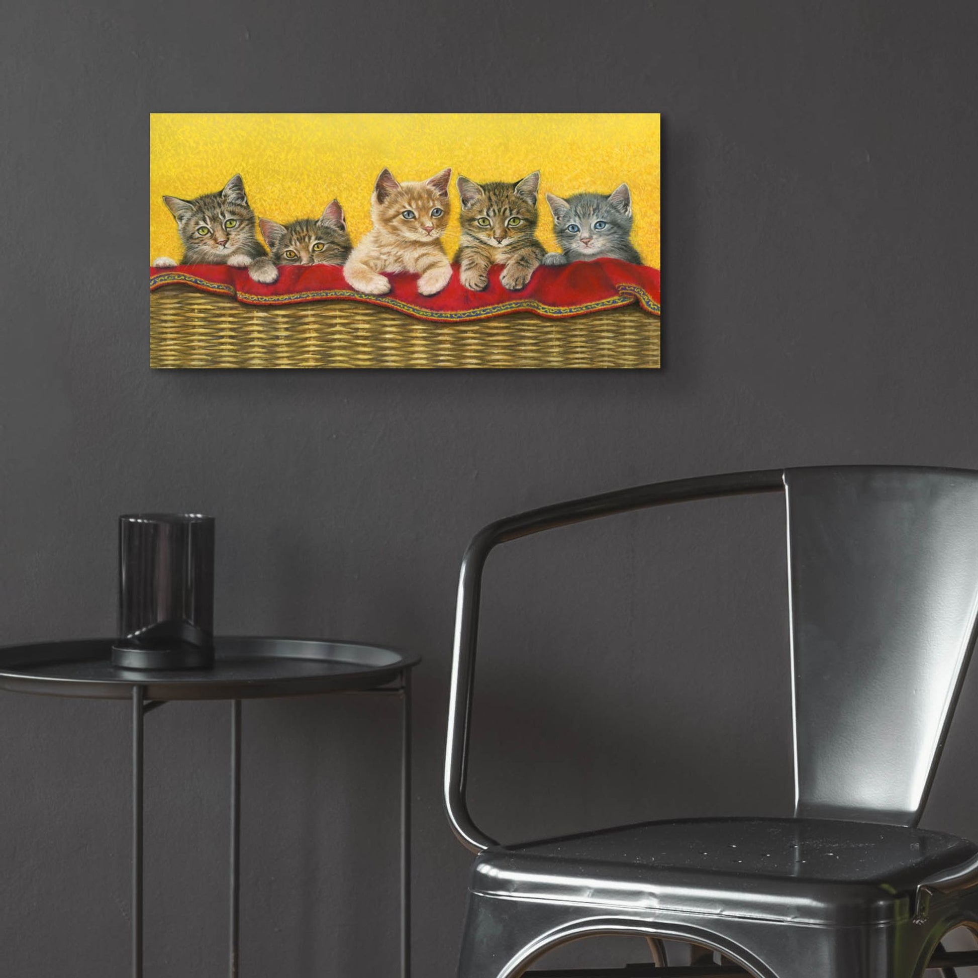 Epic Art 'Five Kittens In Basket' by Janet Pidoux, Acrylic Glass Wall Art,24x12