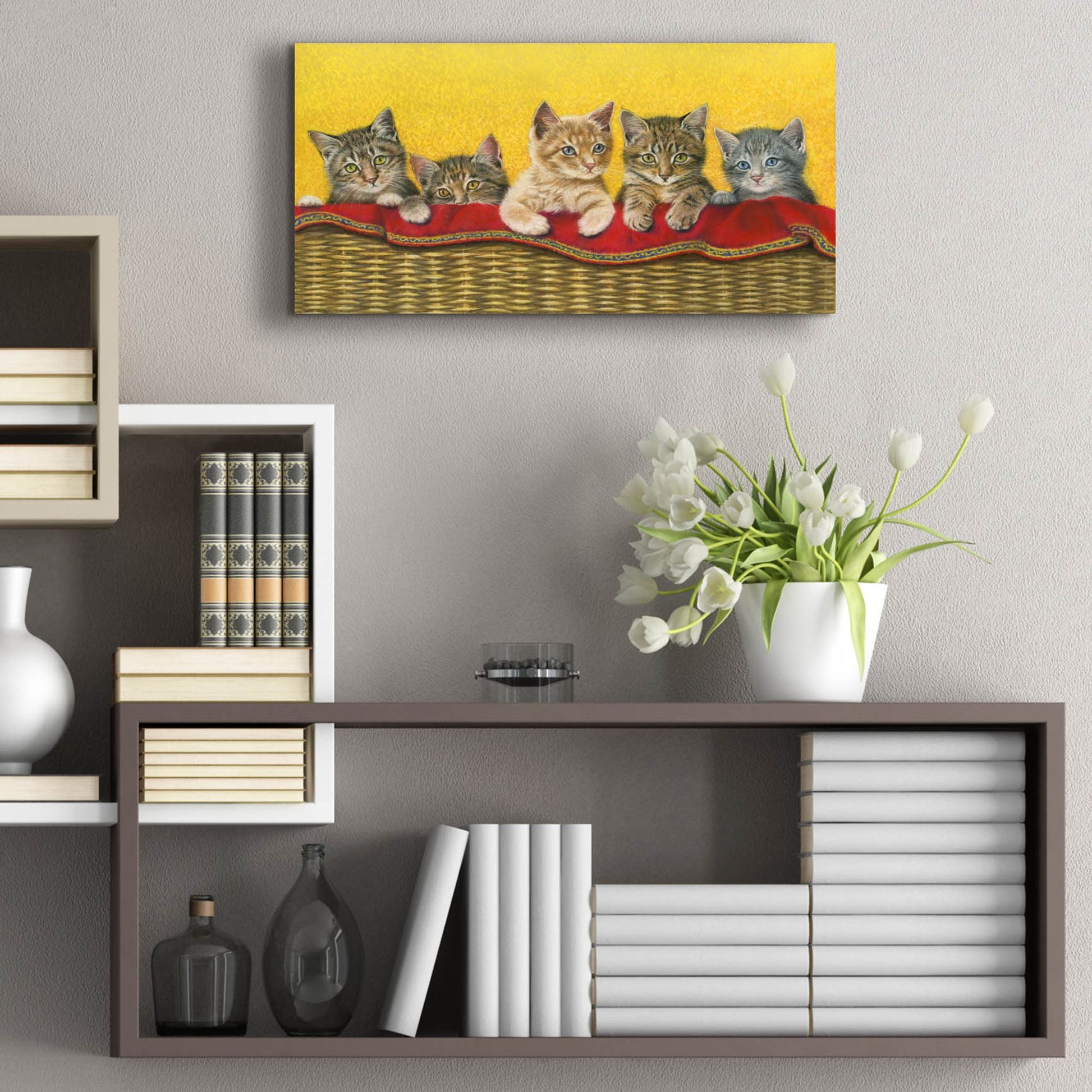 Epic Art 'Five Kittens In Basket' by Janet Pidoux, Acrylic Glass Wall Art,24x12