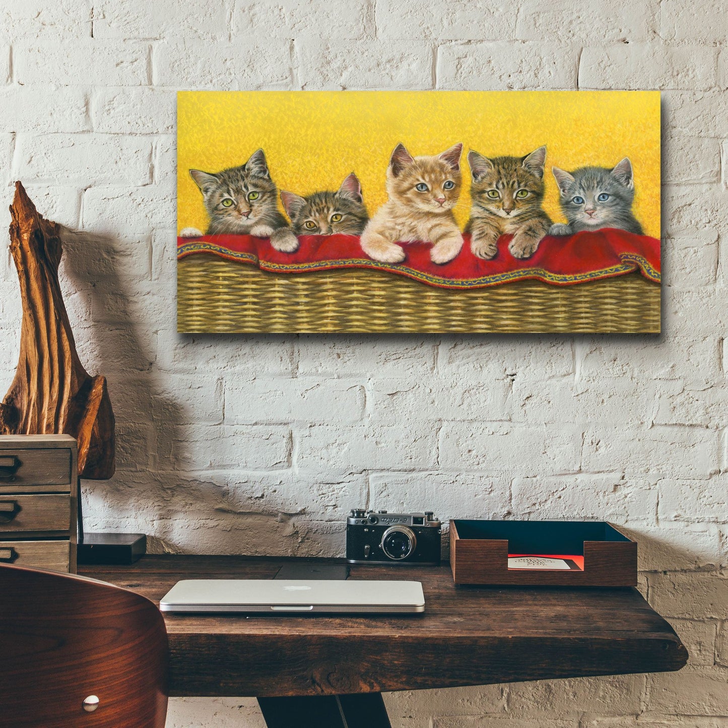 Epic Art 'Five Kittens In Basket' by Janet Pidoux, Acrylic Glass Wall Art,24x12