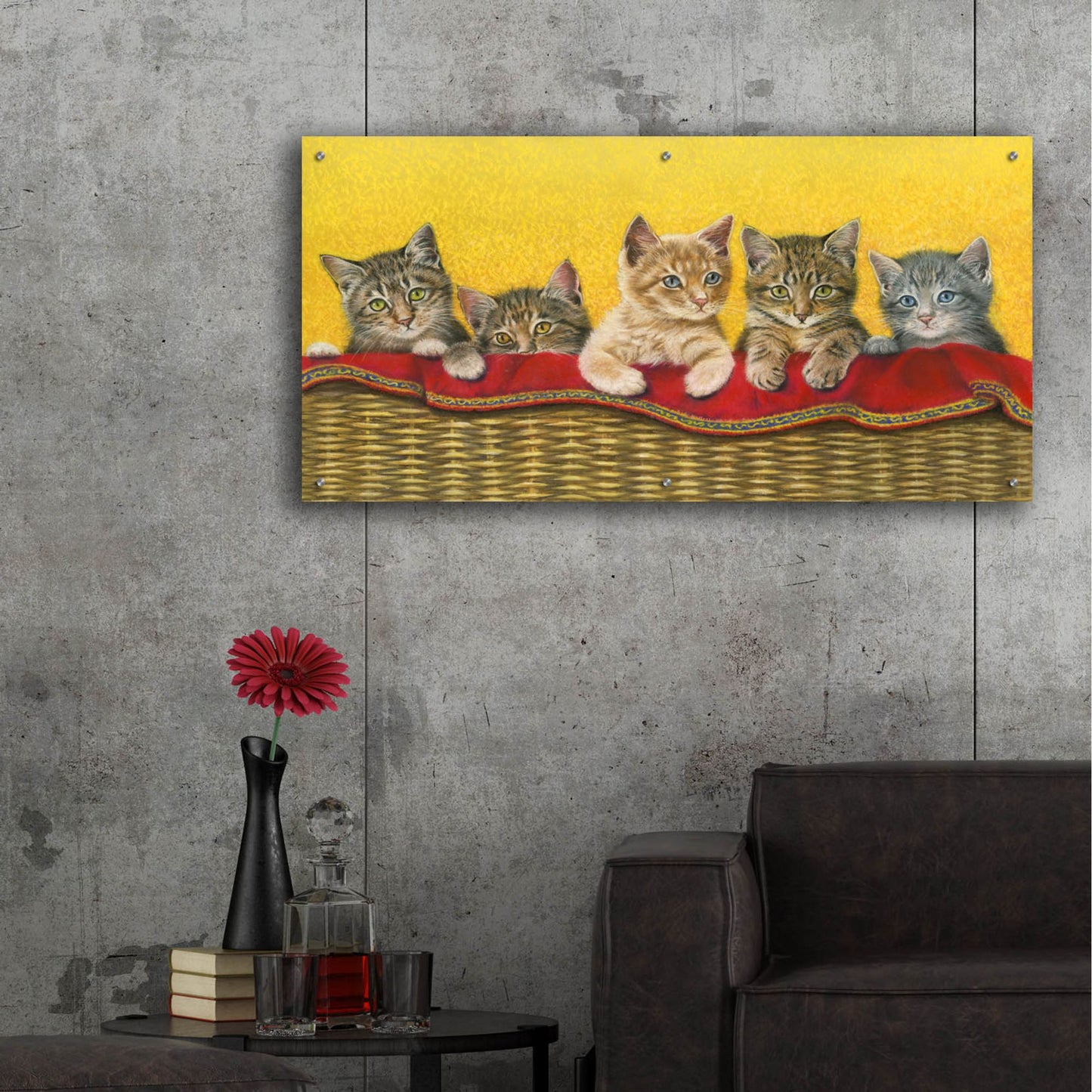 Epic Art 'Five Kittens In Basket' by Janet Pidoux, Acrylic Glass Wall Art,48x24