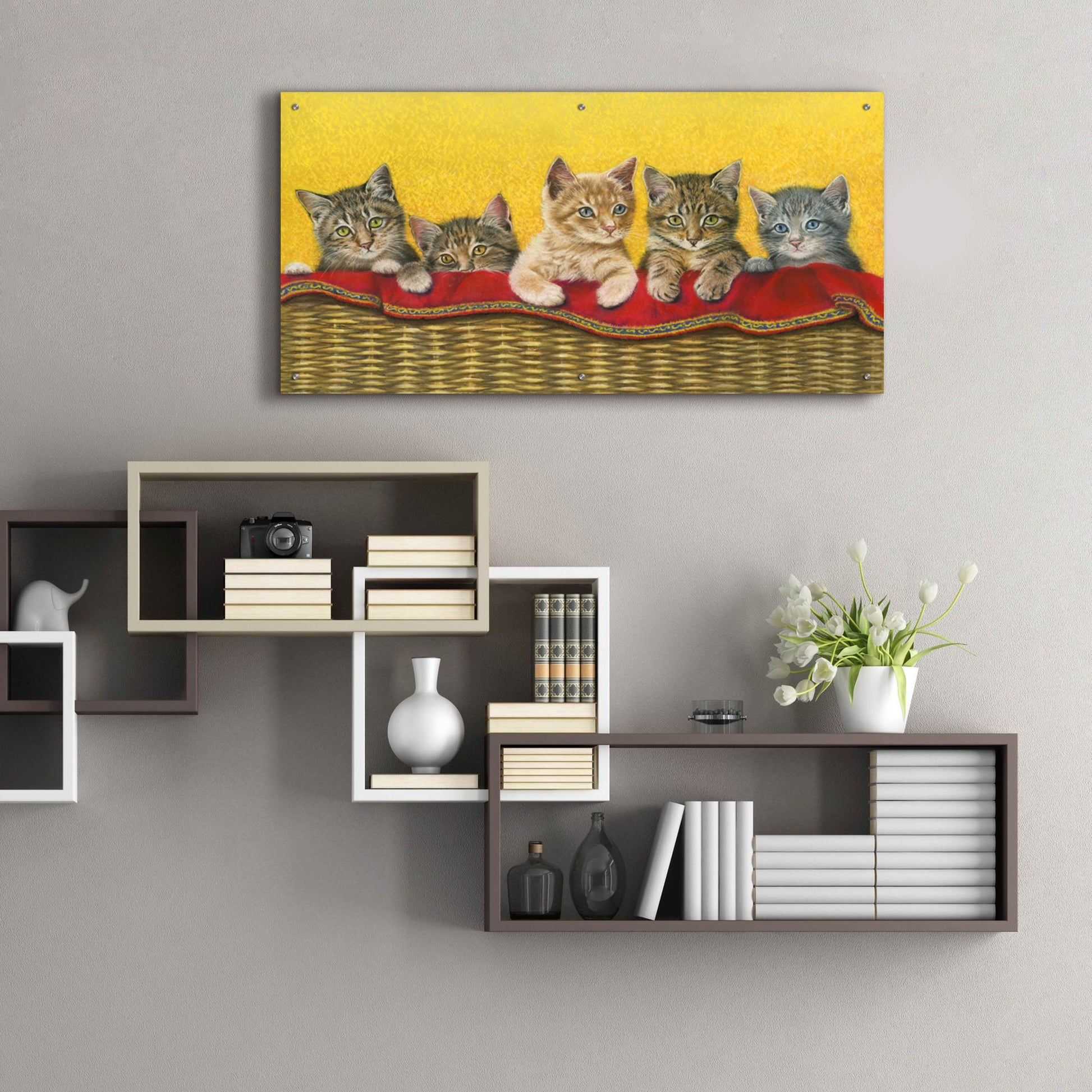 Epic Art 'Five Kittens In Basket' by Janet Pidoux, Acrylic Glass Wall Art,48x24