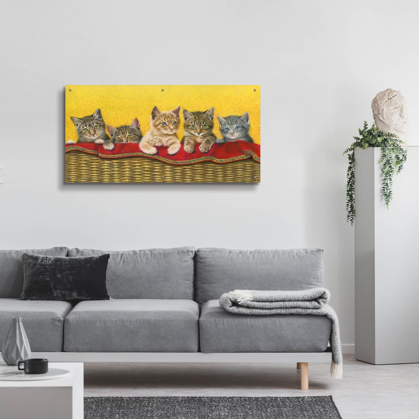 Epic Art 'Five Kittens In Basket' by Janet Pidoux, Acrylic Glass Wall Art,48x24