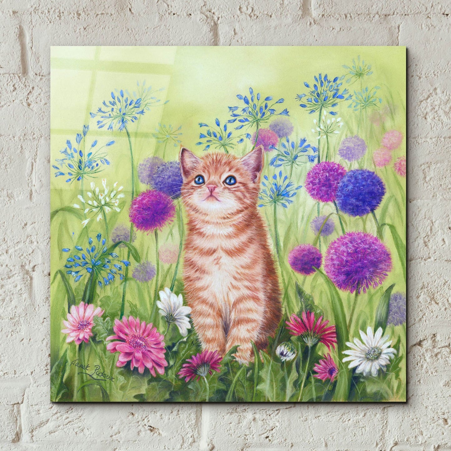 Epic Art 'Ginger Kitten In Flowers' by Janet Pidoux, Acrylic Glass Wall Art,12x12