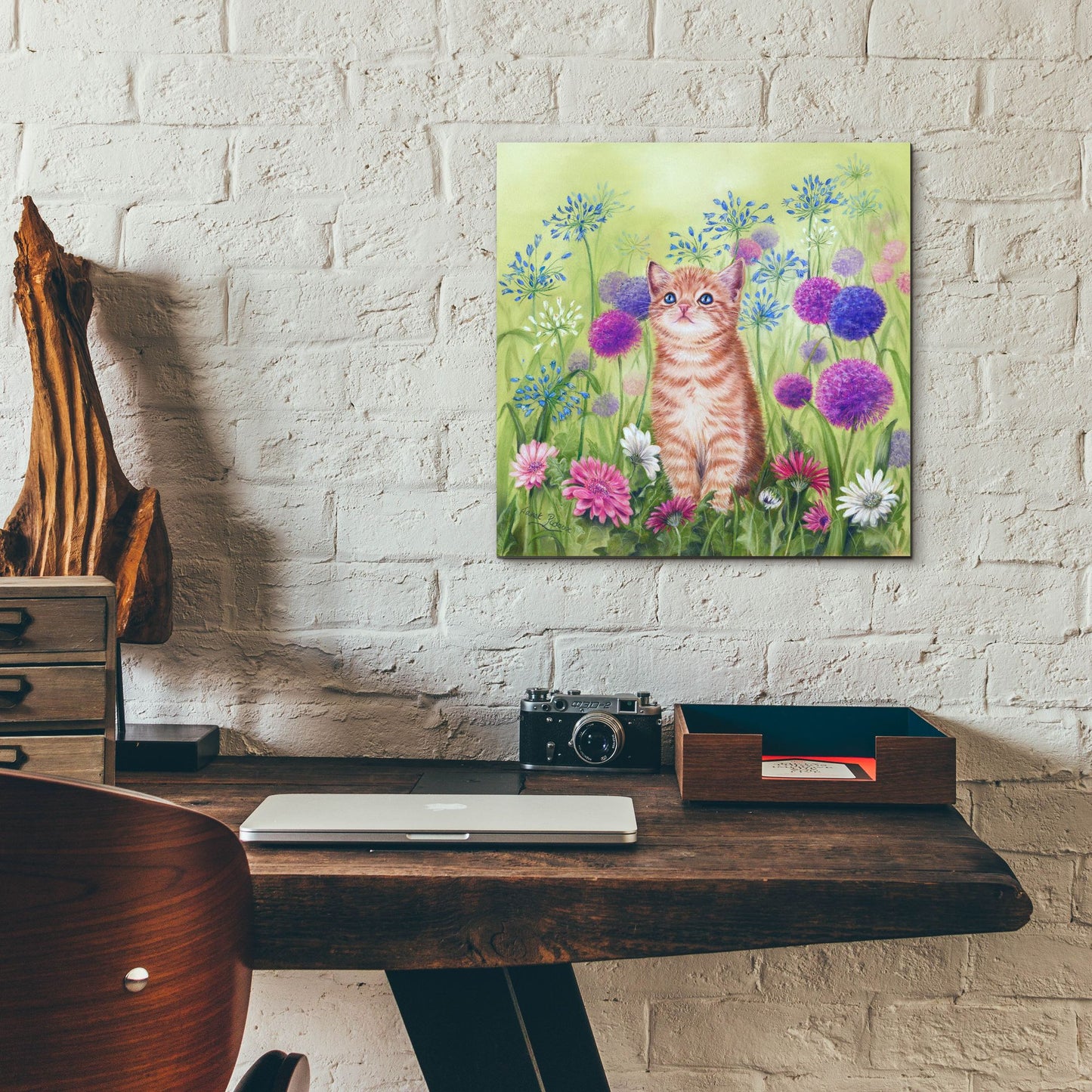 Epic Art 'Ginger Kitten In Flowers' by Janet Pidoux, Acrylic Glass Wall Art,12x12