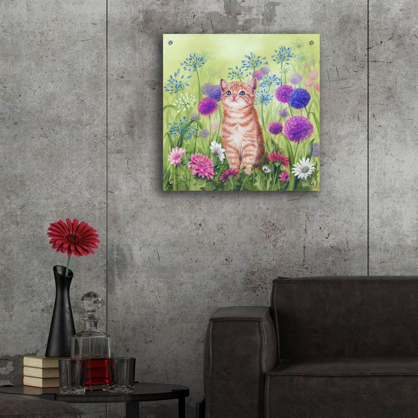 Epic Art 'Ginger Kitten In Flowers' by Janet Pidoux, Acrylic Glass Wall Art,24x24