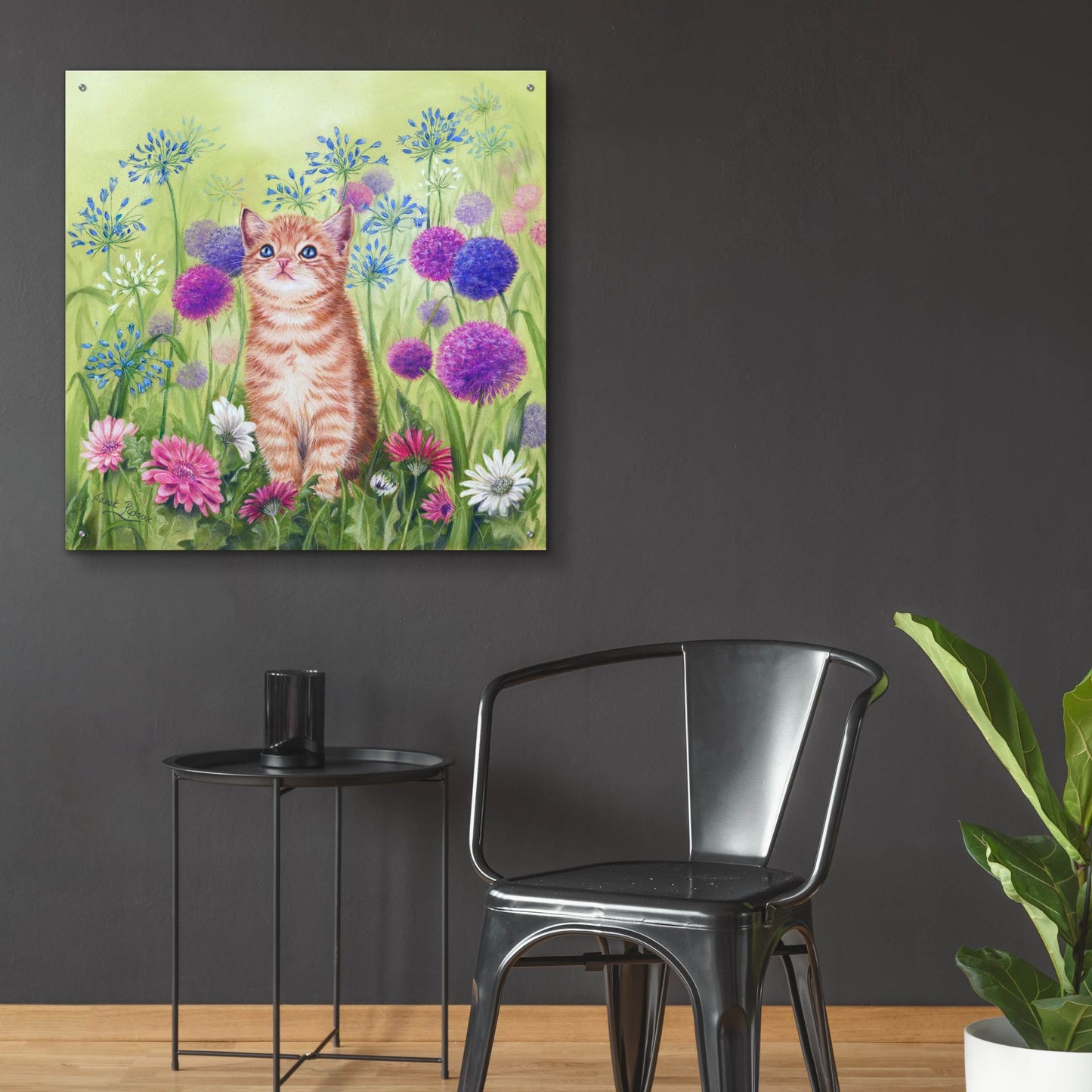 Epic Art 'Ginger Kitten In Flowers' by Janet Pidoux, Acrylic Glass Wall Art,36x36