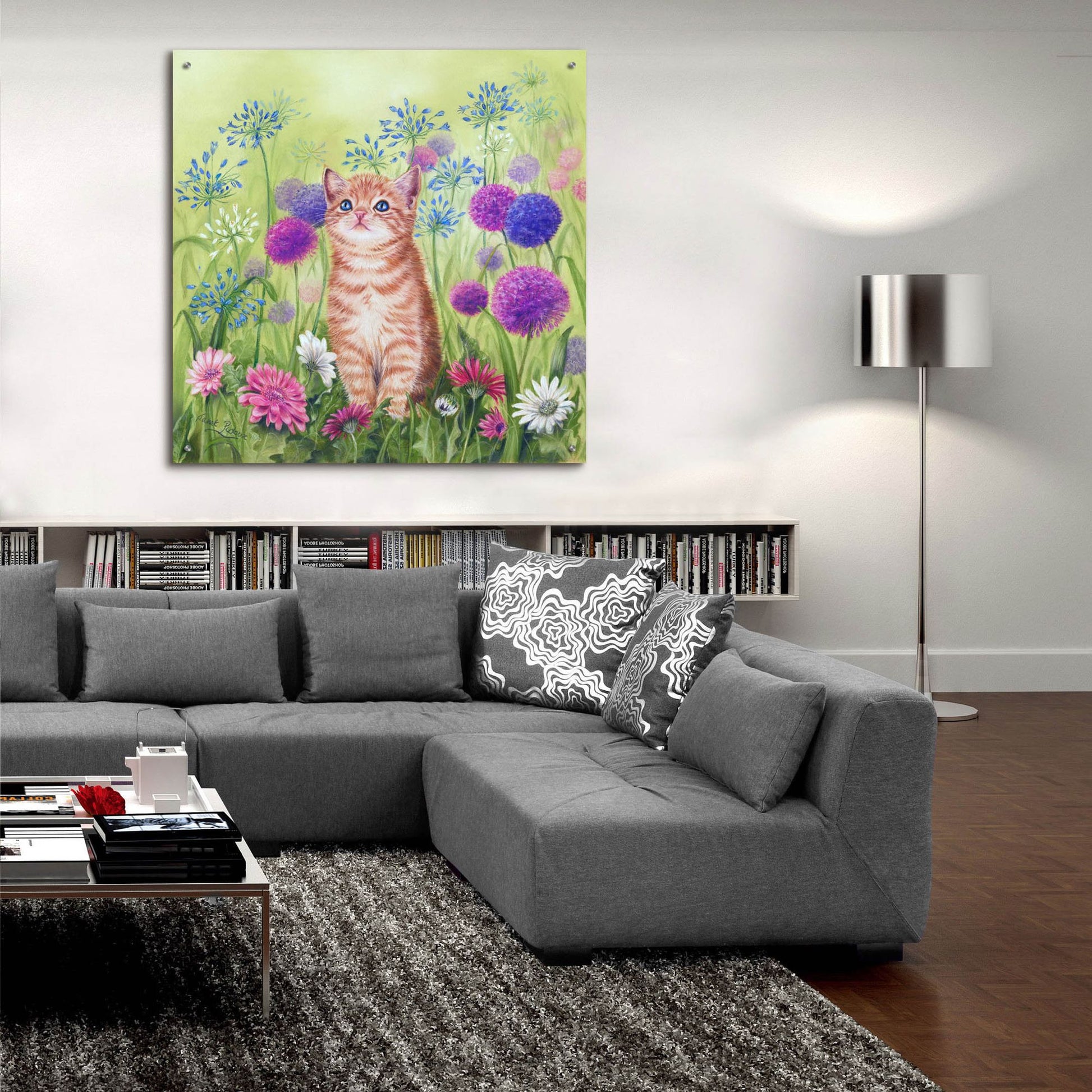 Epic Art 'Ginger Kitten In Flowers' by Janet Pidoux, Acrylic Glass Wall Art,36x36