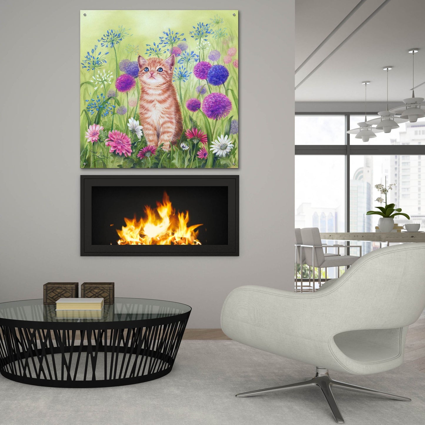 Epic Art 'Ginger Kitten In Flowers' by Janet Pidoux, Acrylic Glass Wall Art,36x36