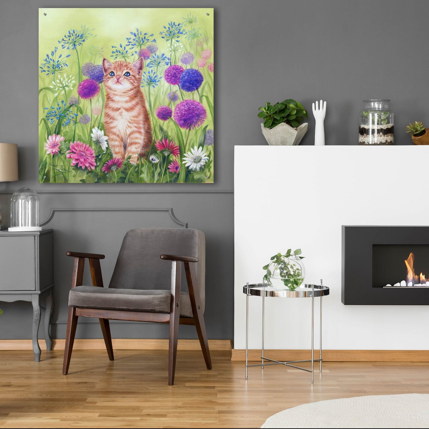 Epic Art 'Ginger Kitten In Flowers' by Janet Pidoux, Acrylic Glass Wall Art,36x36