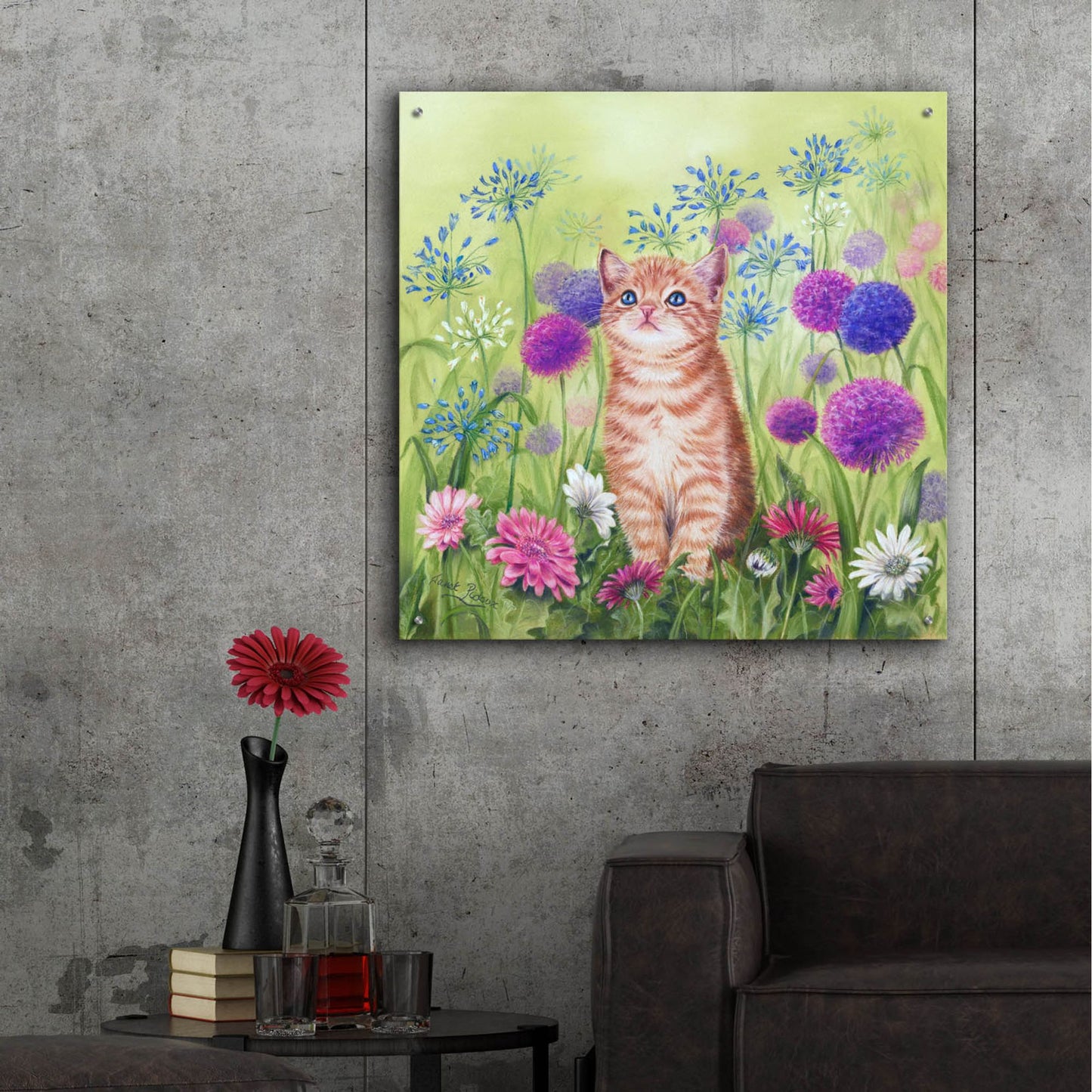 Epic Art 'Ginger Kitten In Flowers' by Janet Pidoux, Acrylic Glass Wall Art,36x36