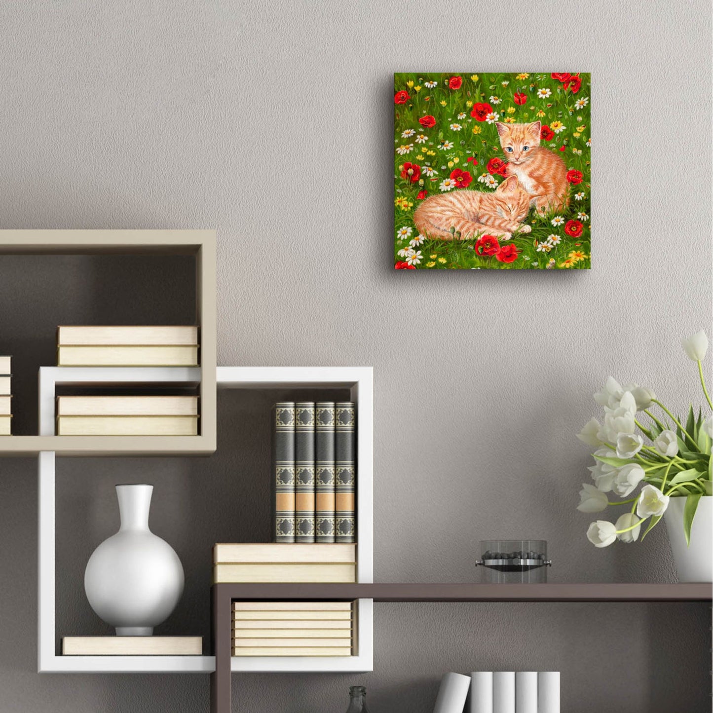 Epic Art 'Ginger Kittens In Red Poppies' by Janet Pidoux, Acrylic Glass Wall Art,12x12