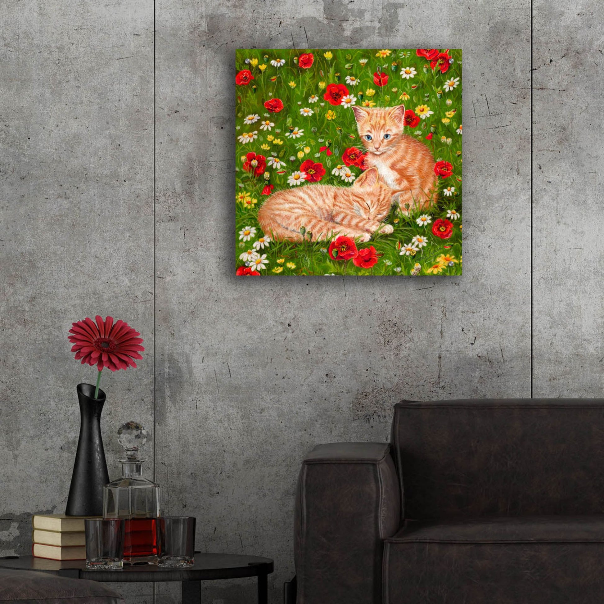 Epic Art 'Ginger Kittens In Red Poppies' by Janet Pidoux, Acrylic Glass Wall Art,24x24