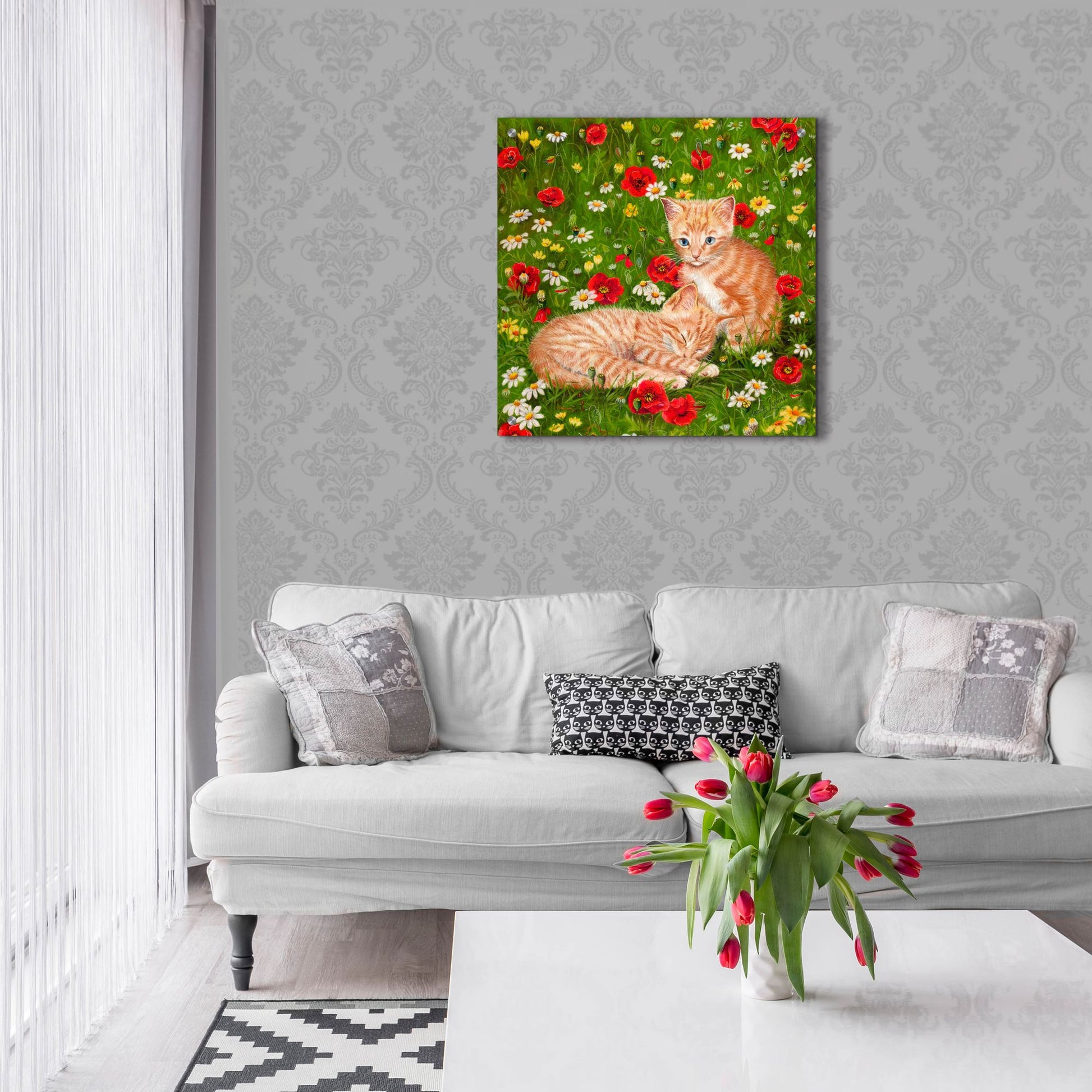 Epic Art 'Ginger Kittens In Red Poppies' by Janet Pidoux, Acrylic Glass Wall Art,24x24