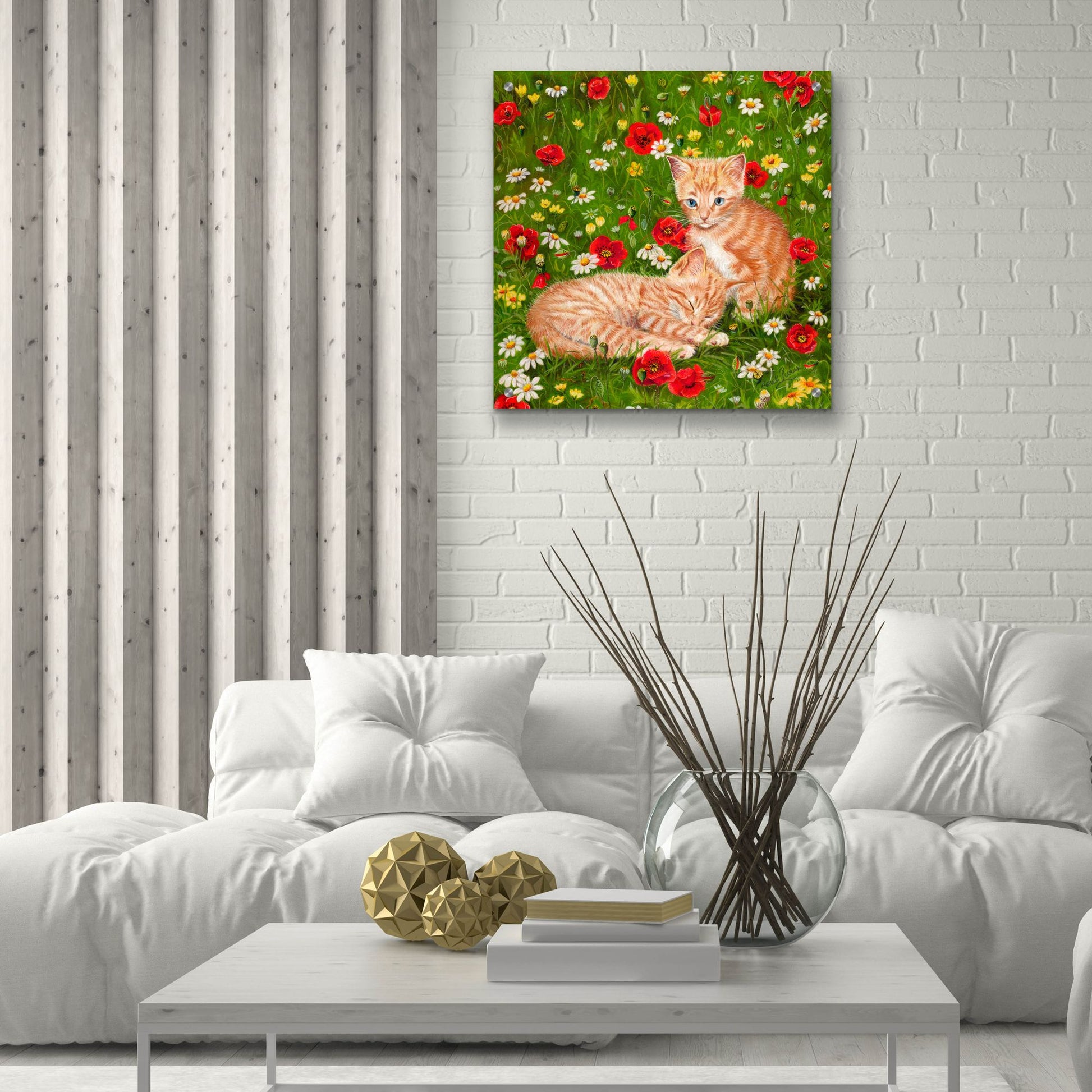 Epic Art 'Ginger Kittens In Red Poppies' by Janet Pidoux, Acrylic Glass Wall Art,24x24