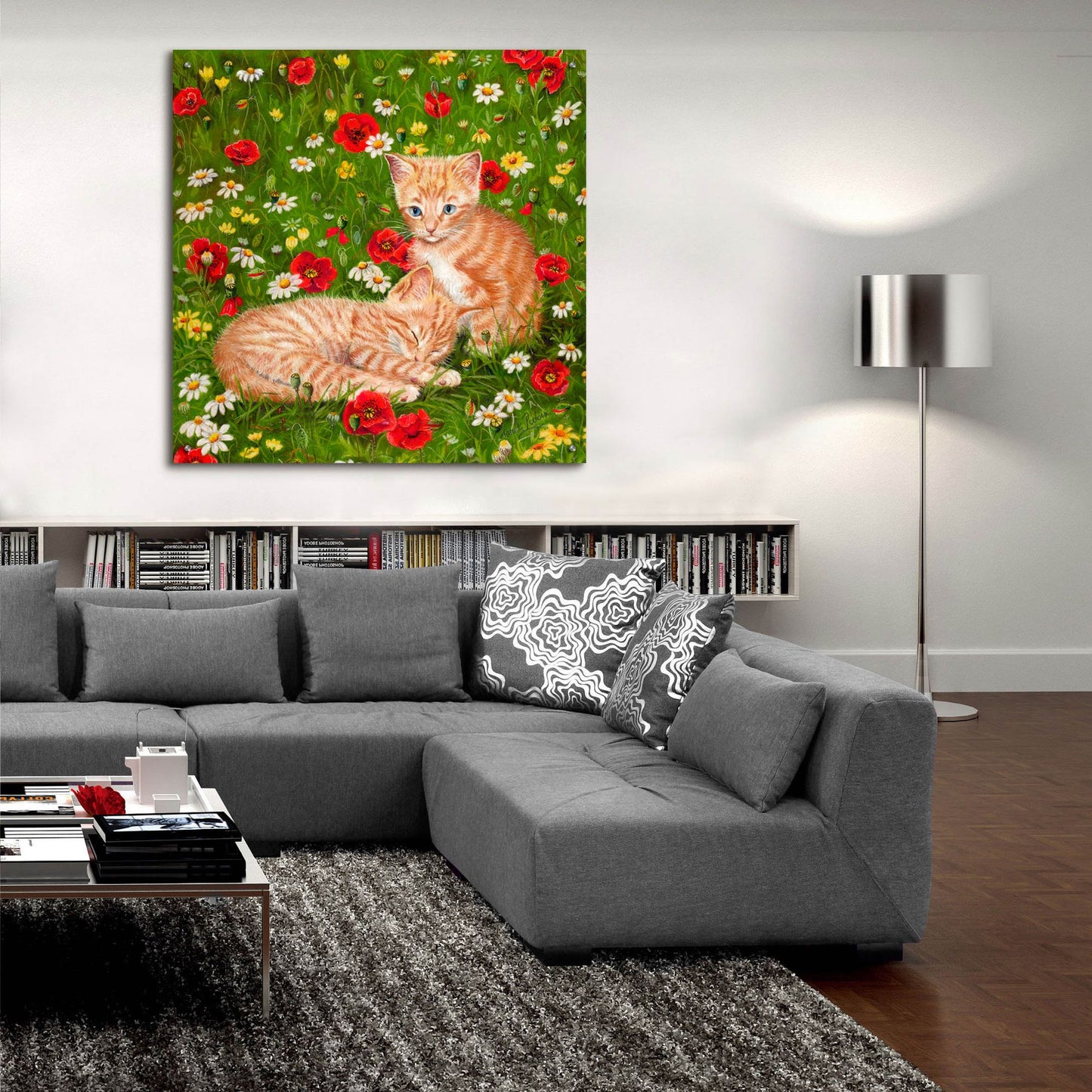 Epic Art 'Ginger Kittens In Red Poppies' by Janet Pidoux, Acrylic Glass Wall Art,36x36