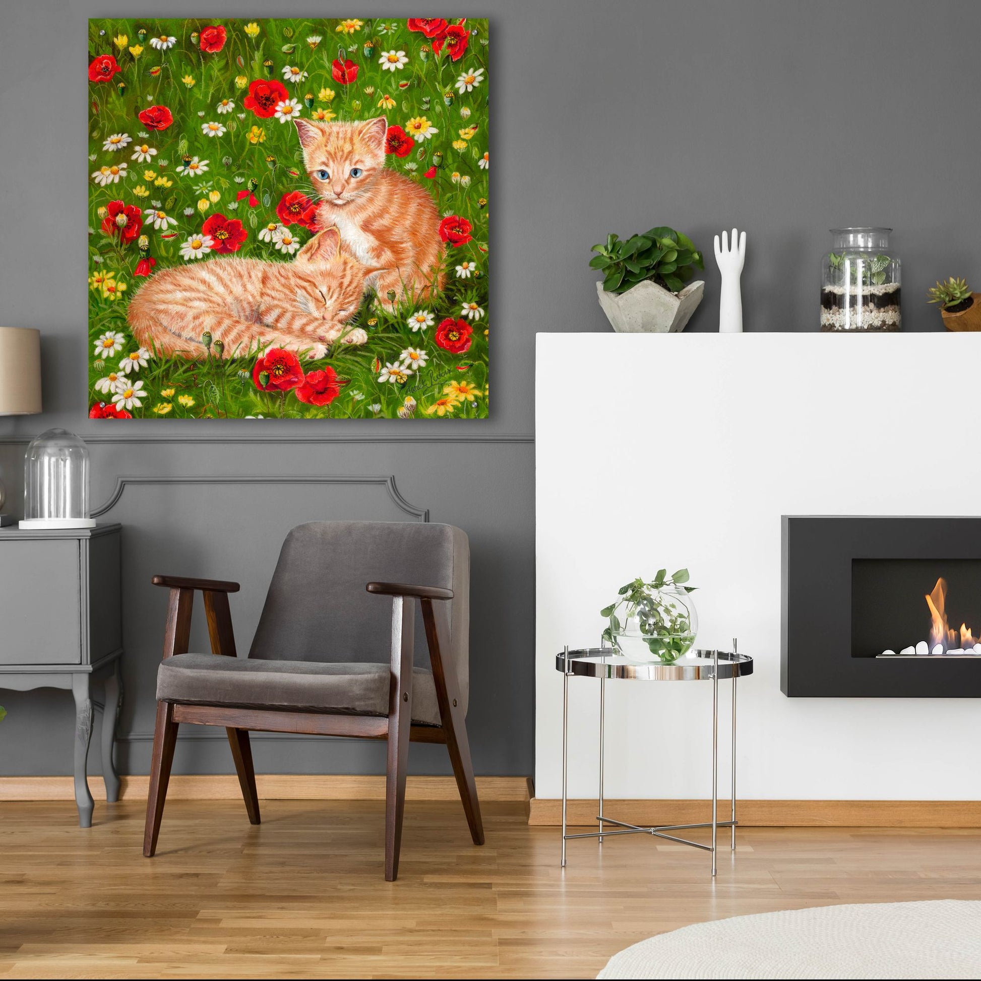 Epic Art 'Ginger Kittens In Red Poppies' by Janet Pidoux, Acrylic Glass Wall Art,36x36