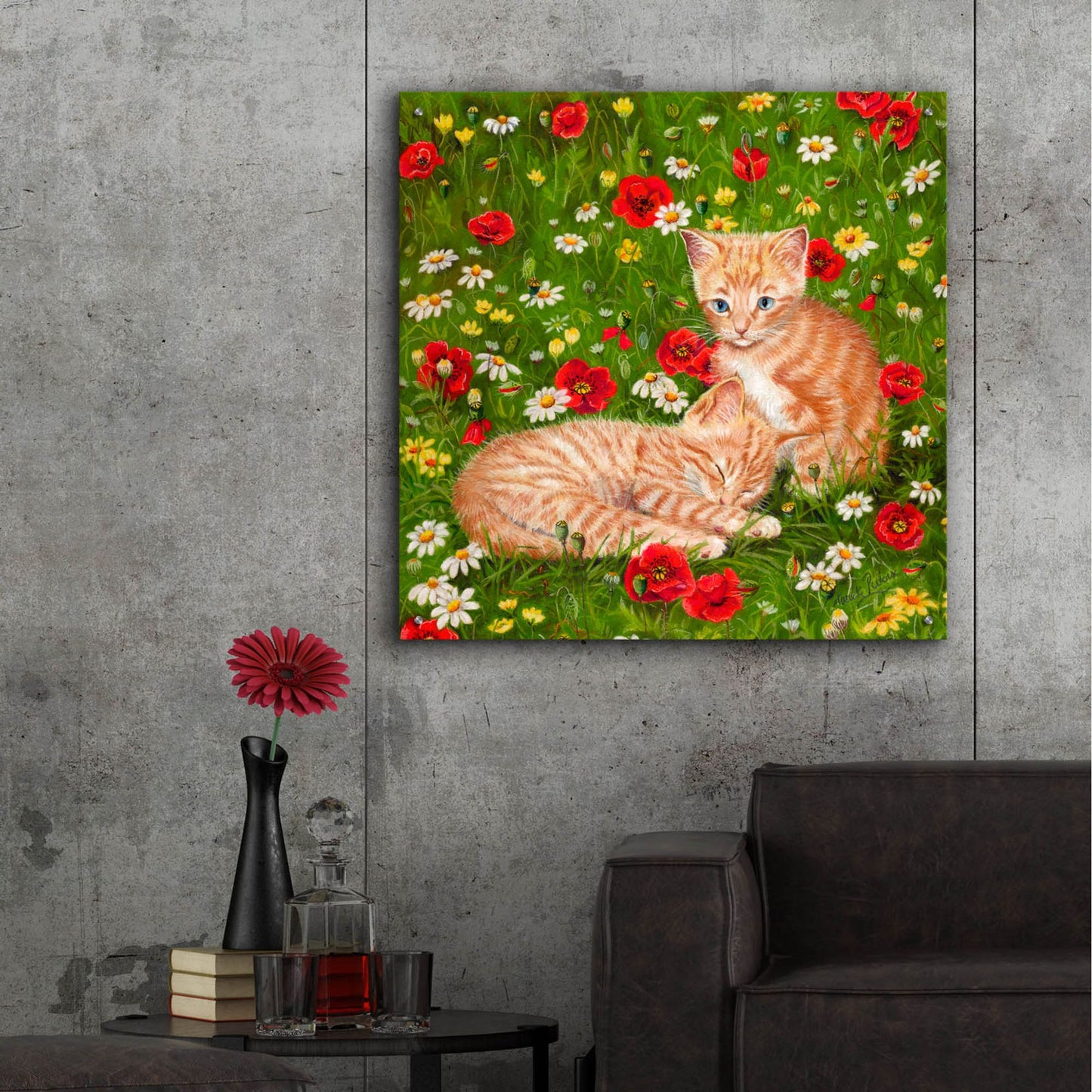 Epic Art 'Ginger Kittens In Red Poppies' by Janet Pidoux, Acrylic Glass Wall Art,36x36